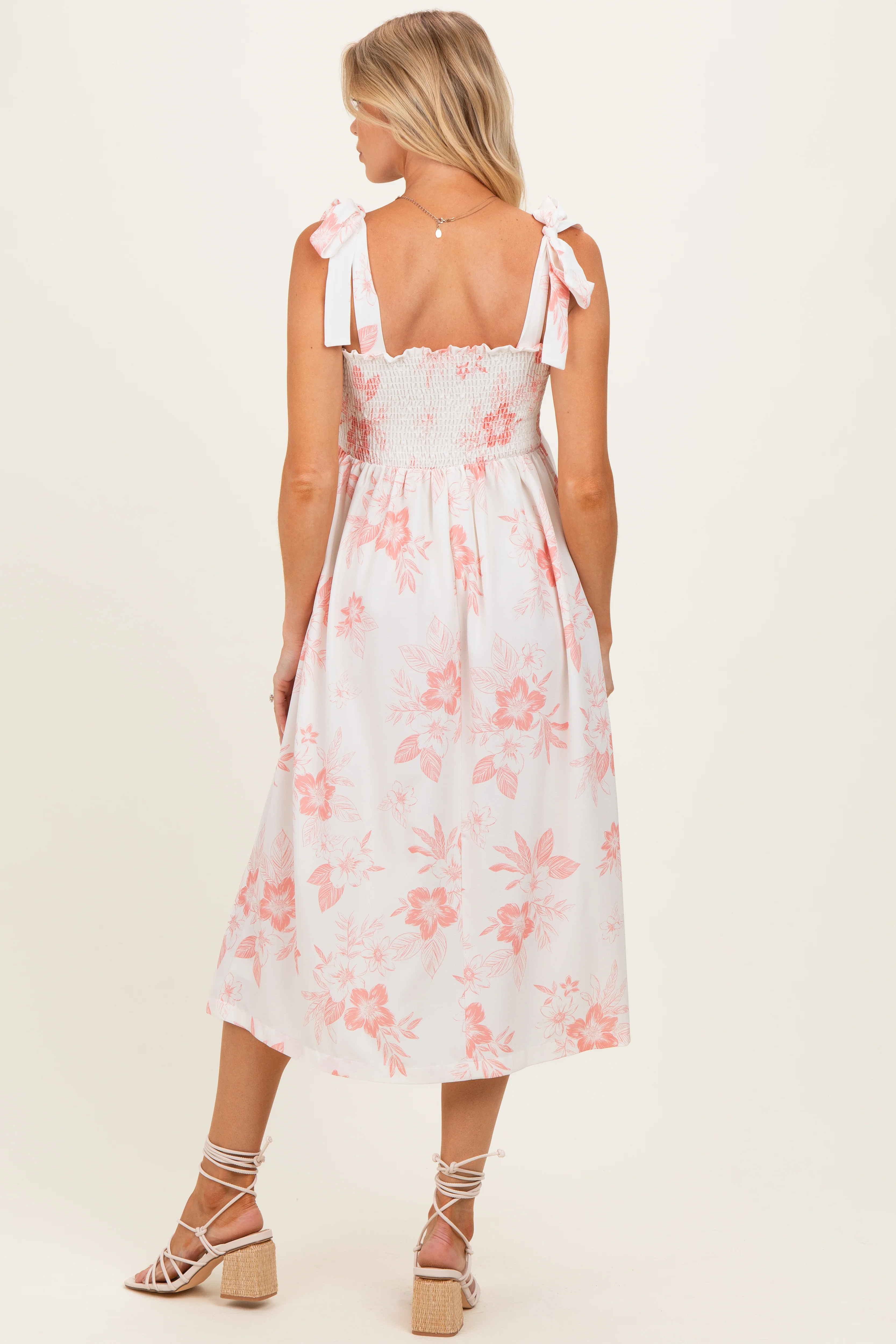 Peach Floral Smocked Maternity Midi Dress - Image 3