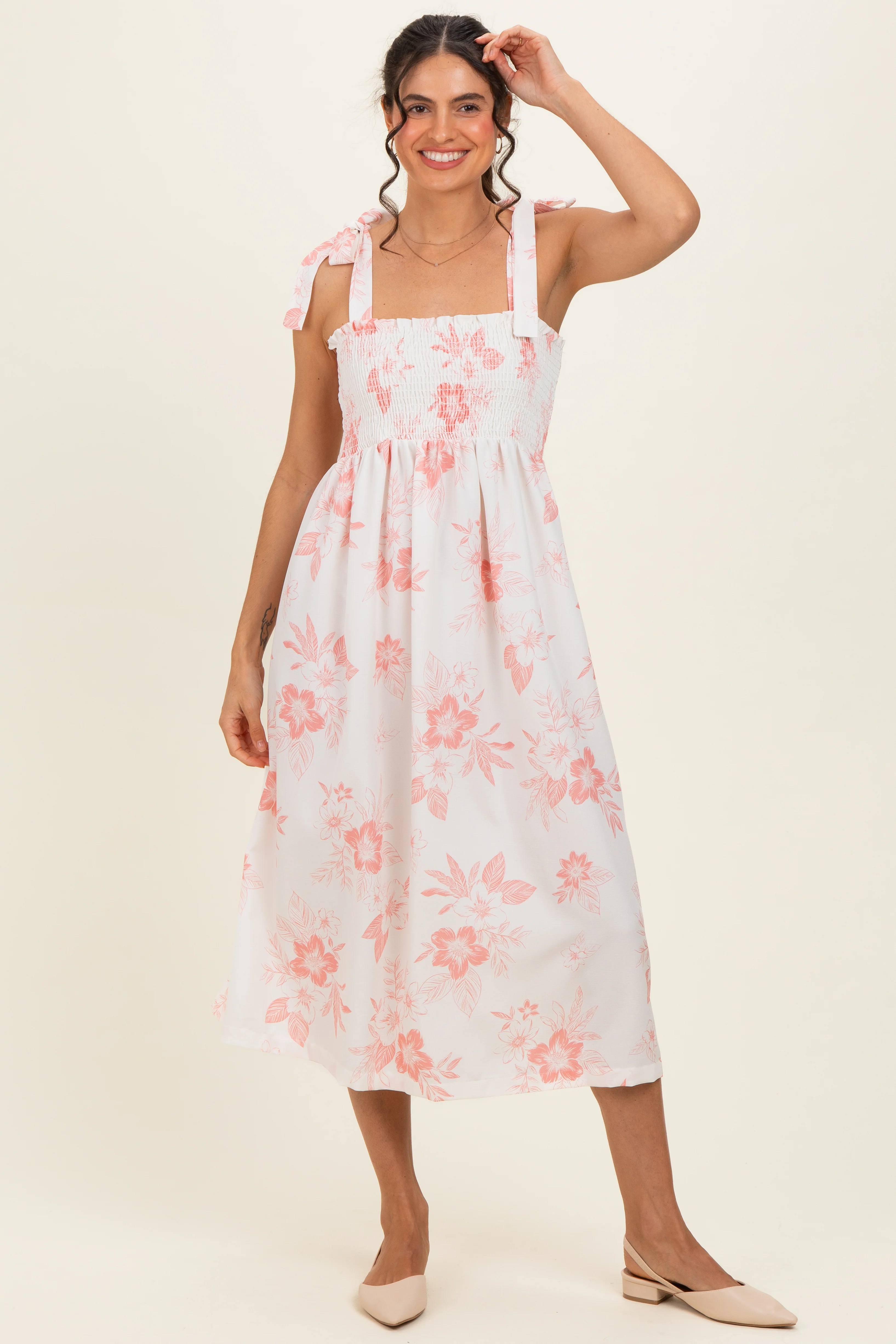 Peach Floral Smocked Maternity Midi Dress - Image 4