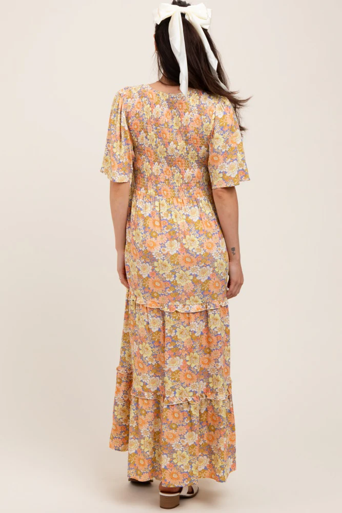 Peach Floral Smocked Ruffle Tier Maternity Maxi Dress - Image 4