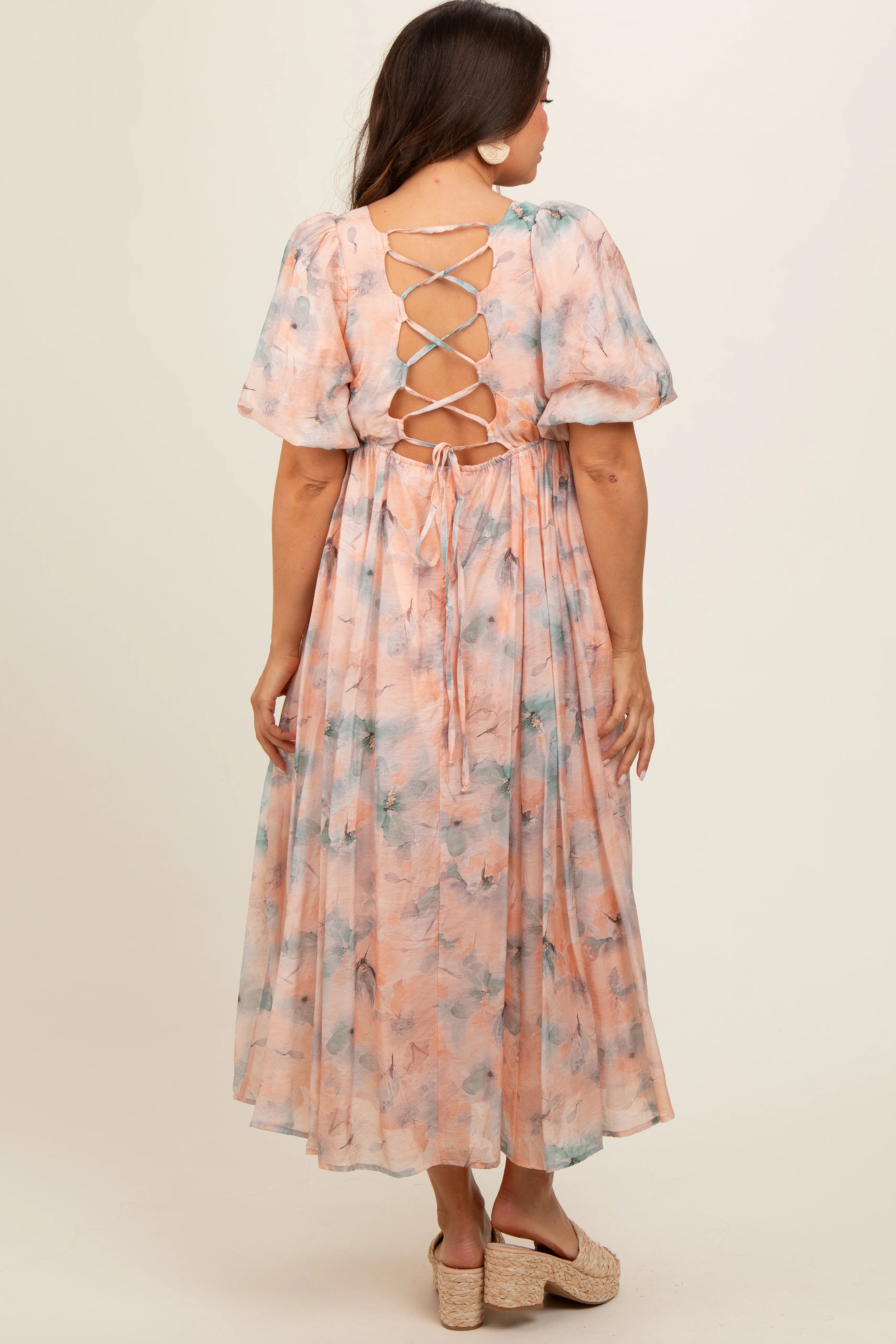 Peach Floral Square Neck Short Puff Sleeve Lace-Up Back Maternity Midi Dress - Image 3