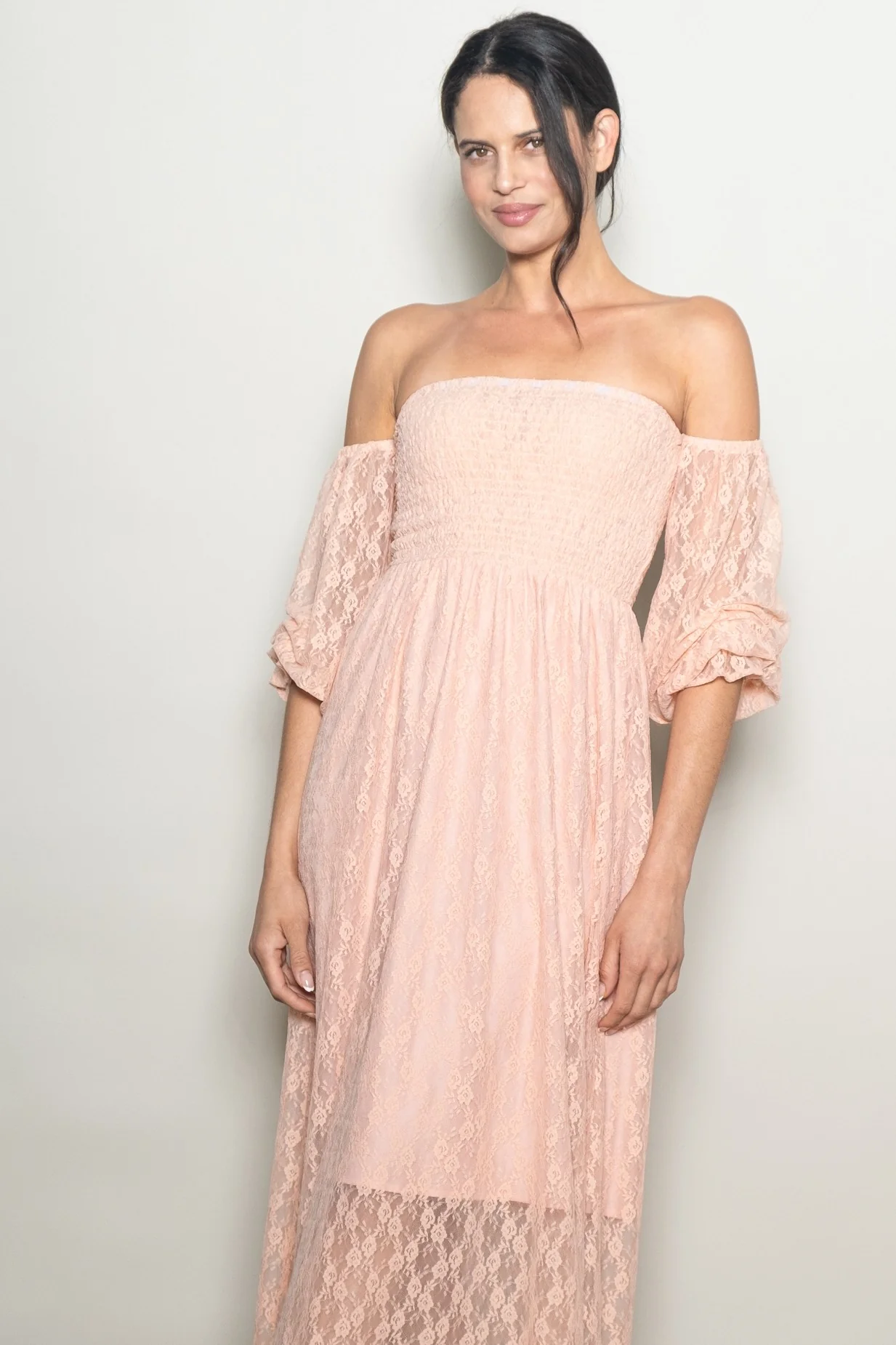 Peach Lace Overlay Smocked Maxi Dress - Image 4