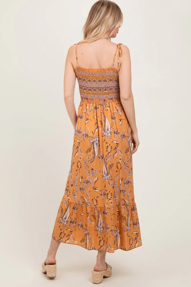 Peach Paisley Shoulder Tie Smocked Maxi Dress - Image 4