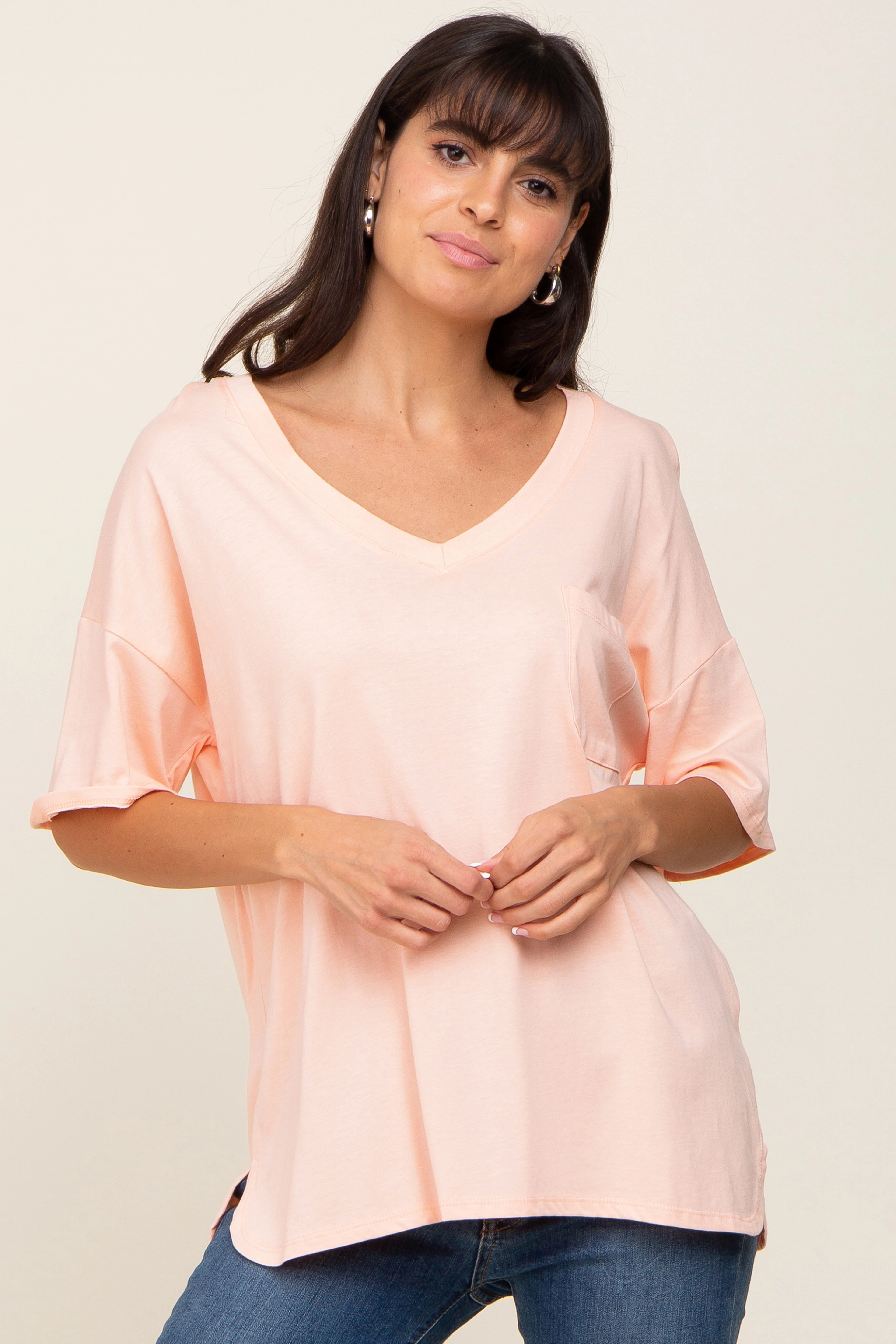 Peach Pocketed V-Neck Maternity Top - Image 6