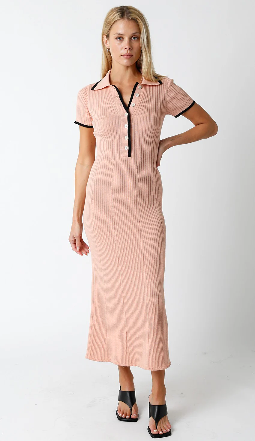 Peach Ribbed Knit Collared Button Front Maternity Dress - Image 4