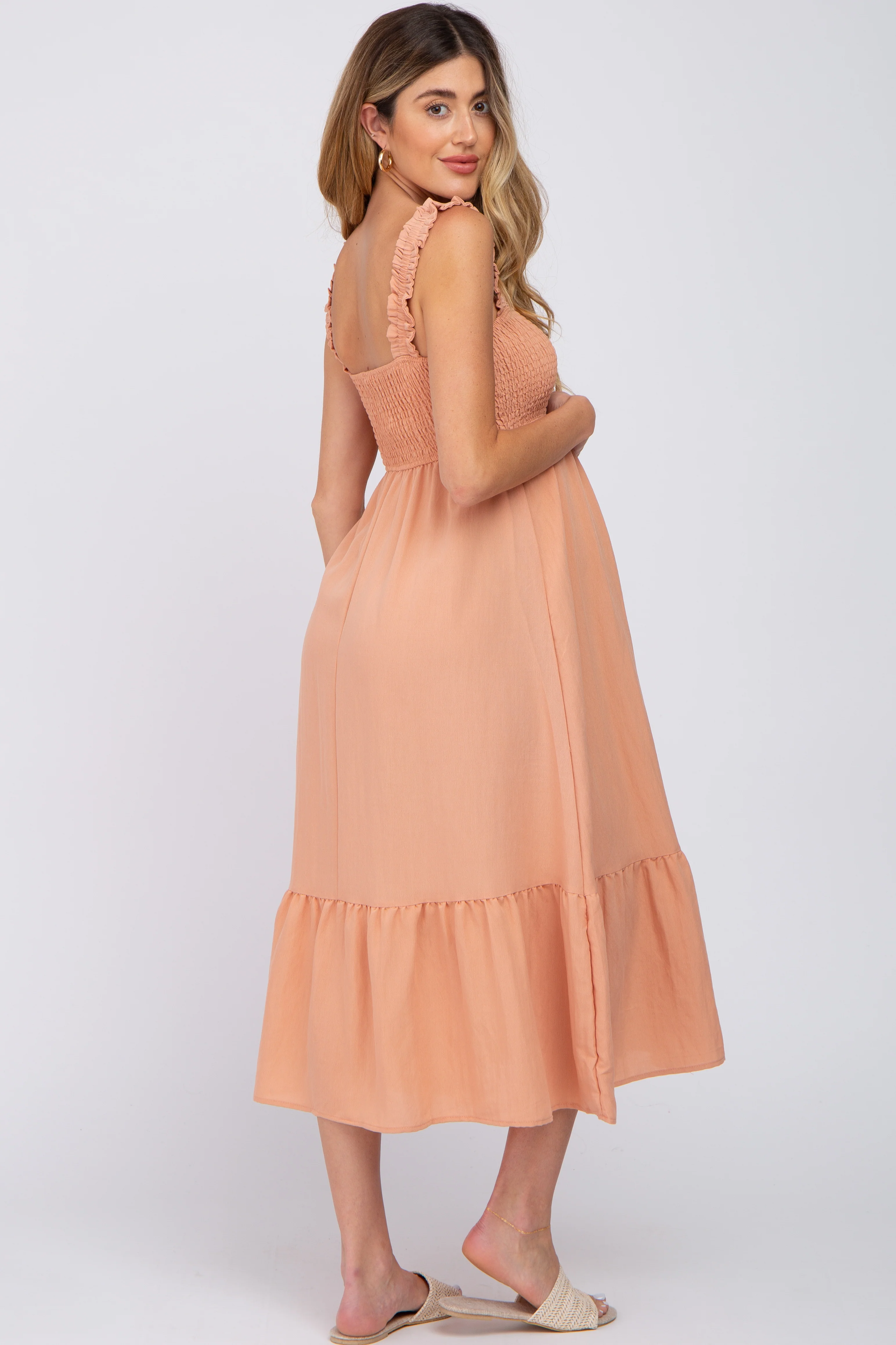 Peach Smocked Maternity Midi Dress - Image 4