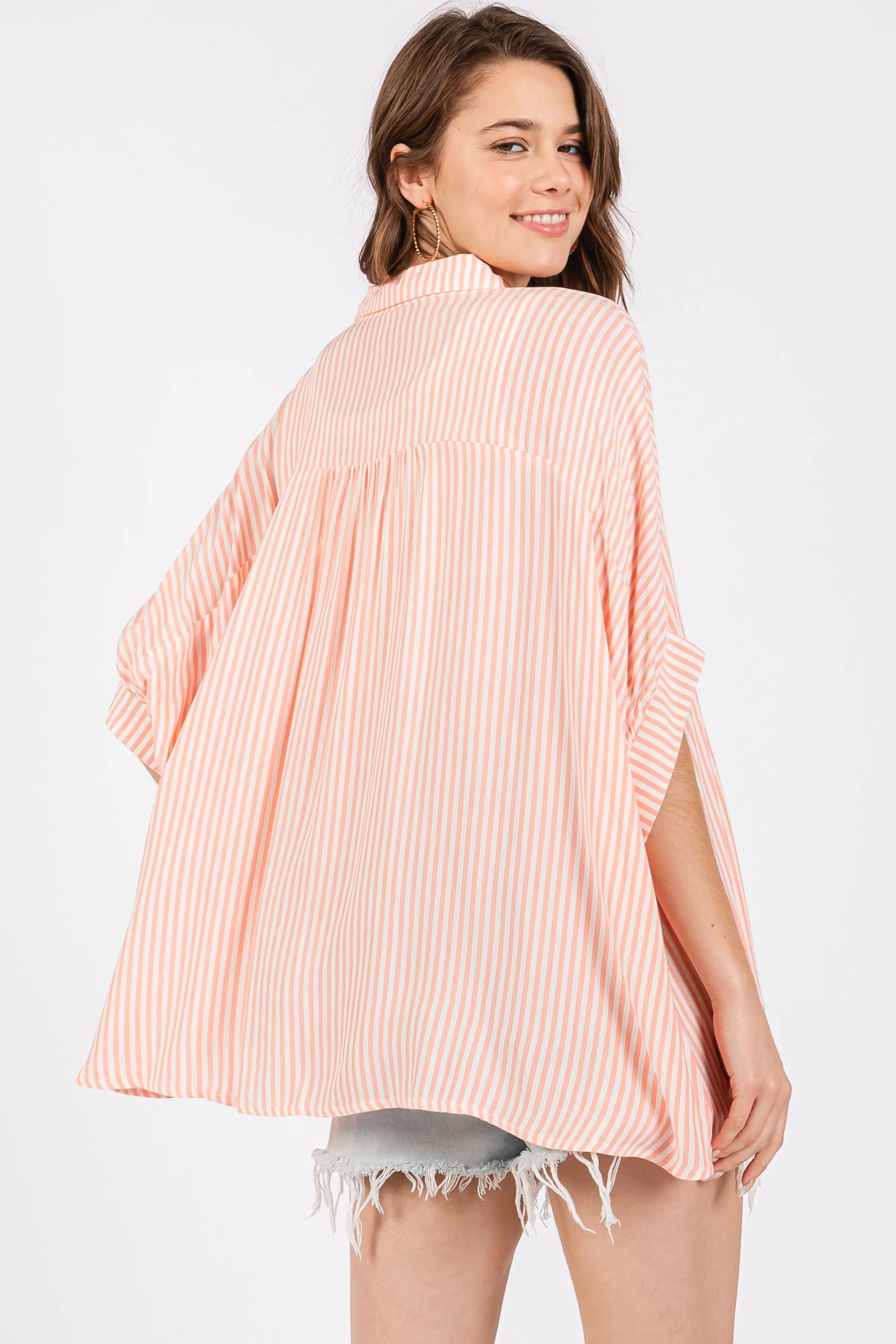 Peach Striped Button Up Dolman Top - Image 3