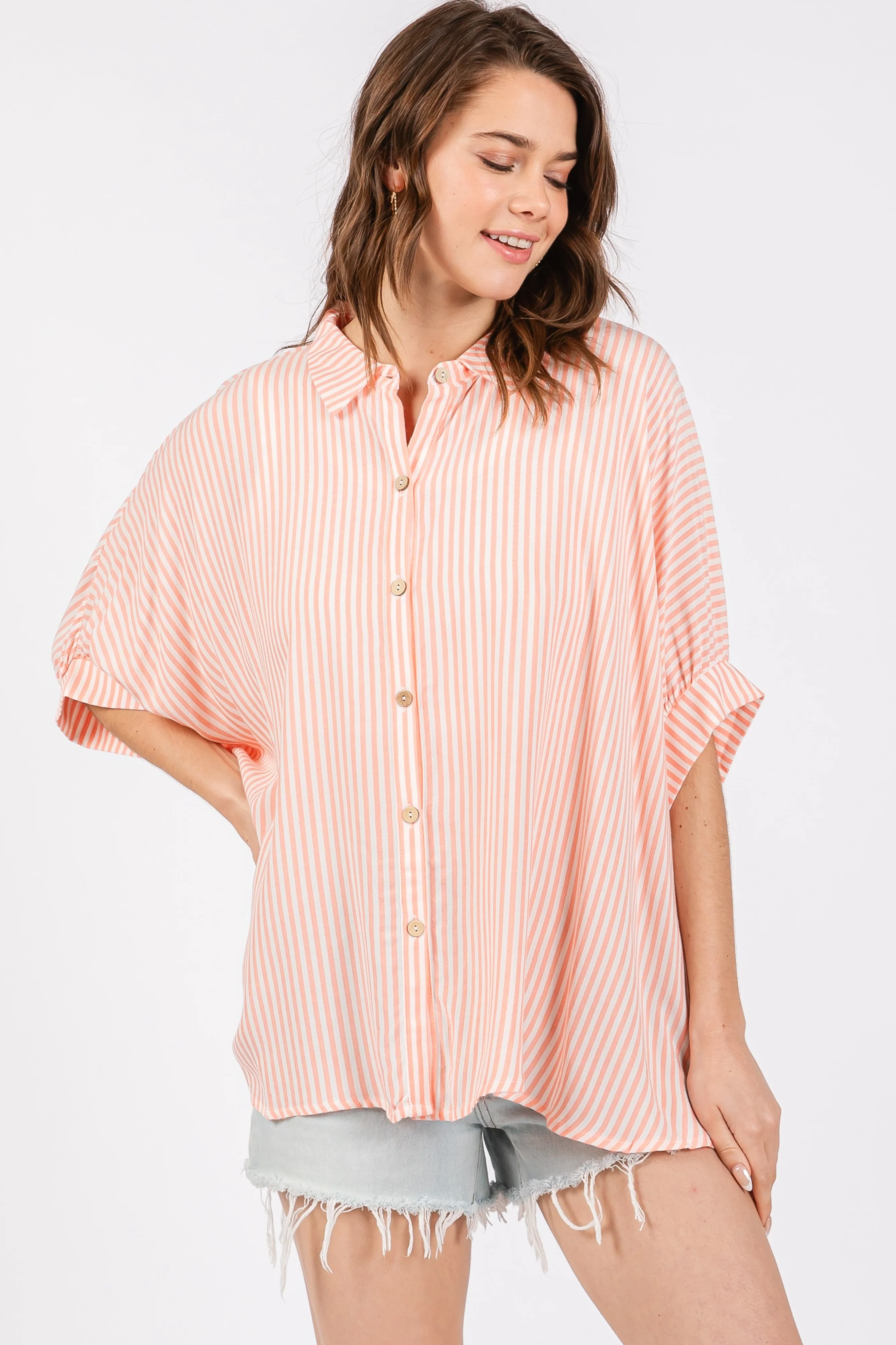 Peach Striped Button Up Dolman Top - Image 5