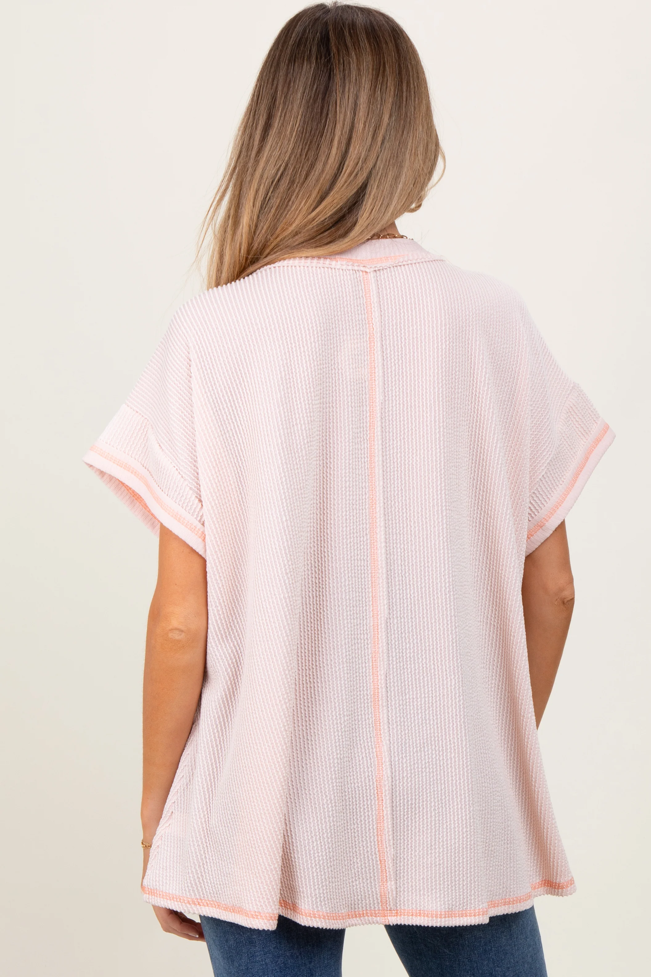 Peach Striped Ribbed V-Neck Oversized Short Sleeve Maternity Top - Image 4
