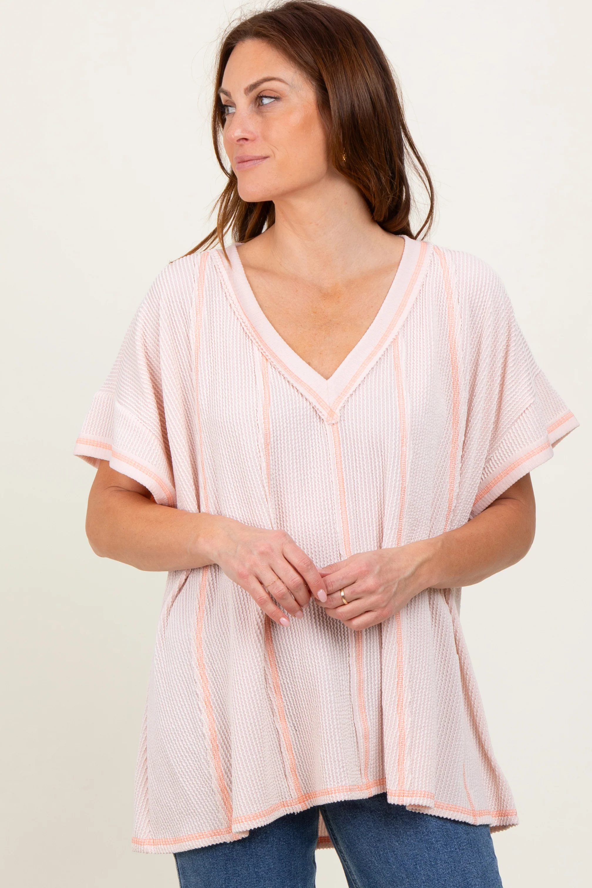 Peach Striped Ribbed V-Neck Oversized Short Sleeve Top - Image 2