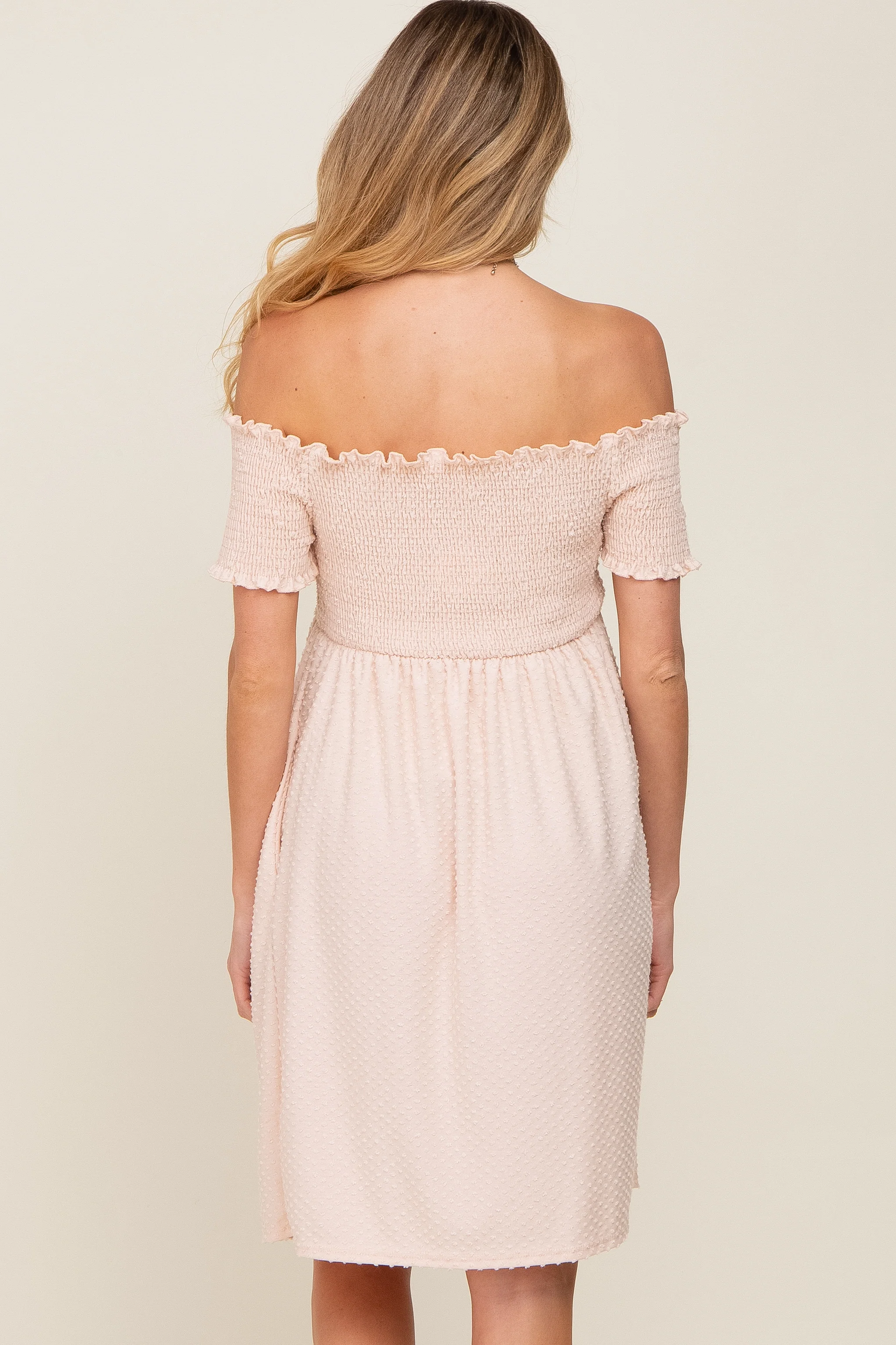 Peach Swiss Dot Off Shoulder Maternity Dress - Image 3