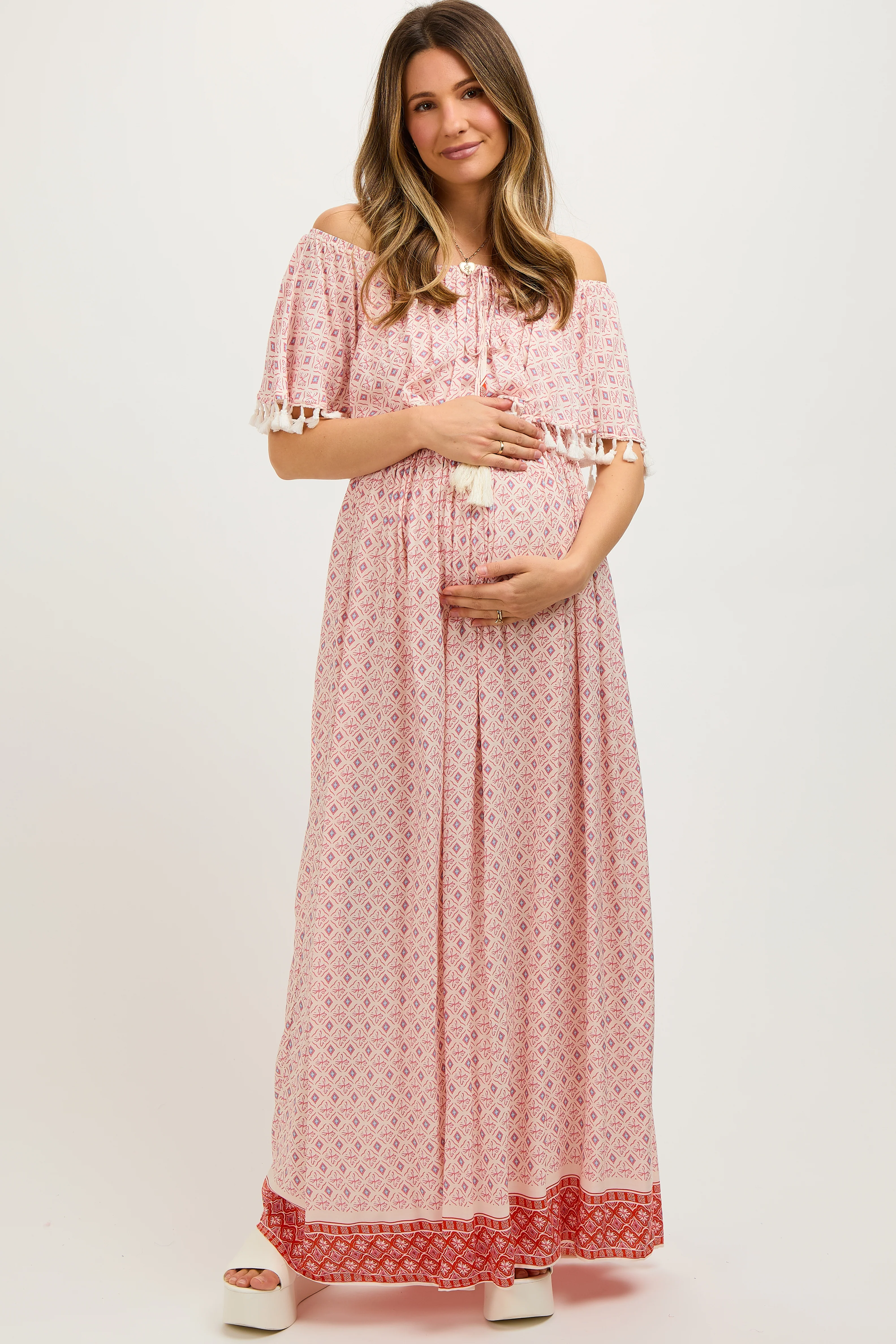 Peach Tile Off Shoulder Tassel Edge Maternity Maxi Dress - Image 3
