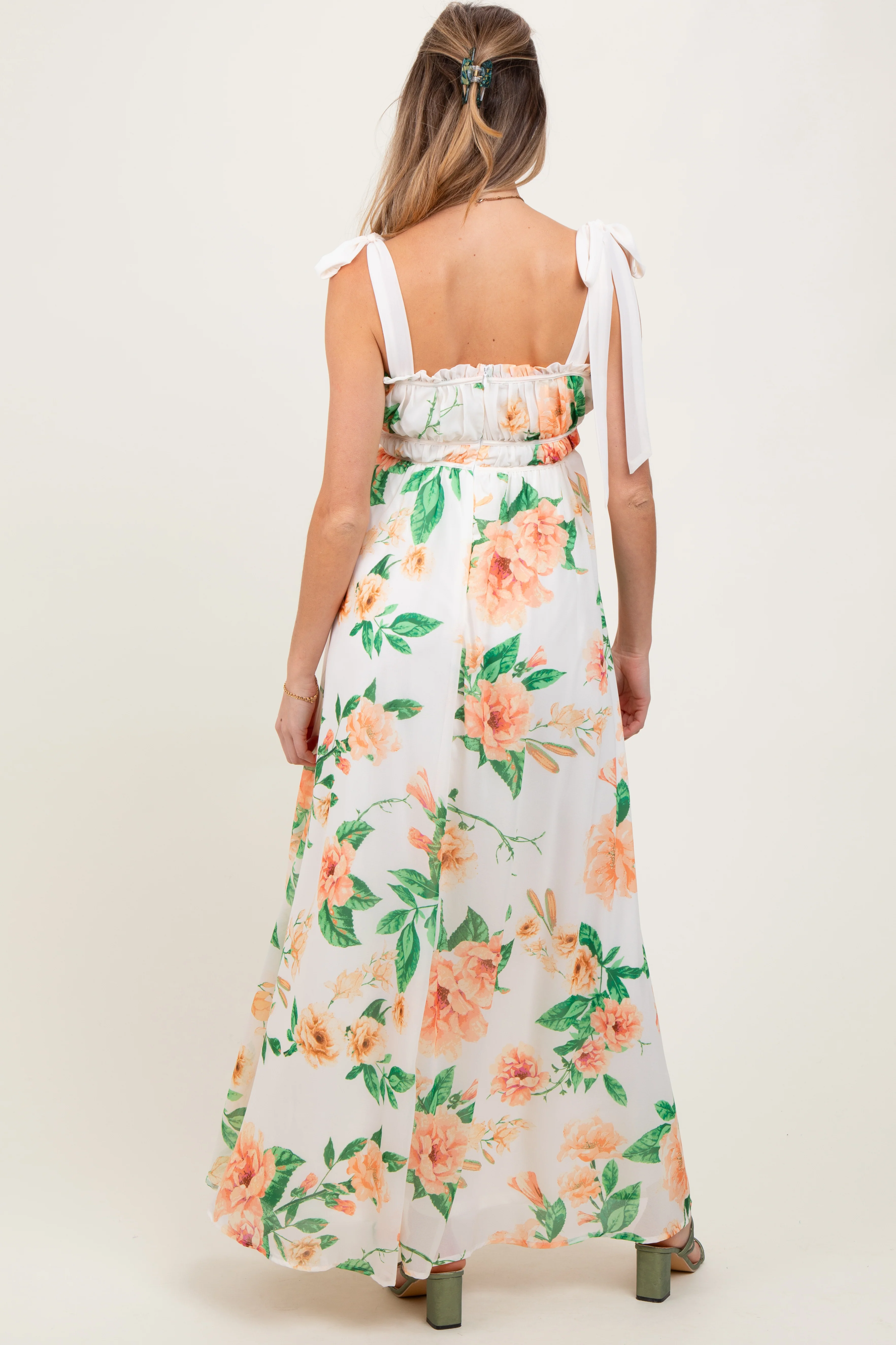 Peach Tropical Floral Shoulder Tie Maternity Maxi Dress - Image 3