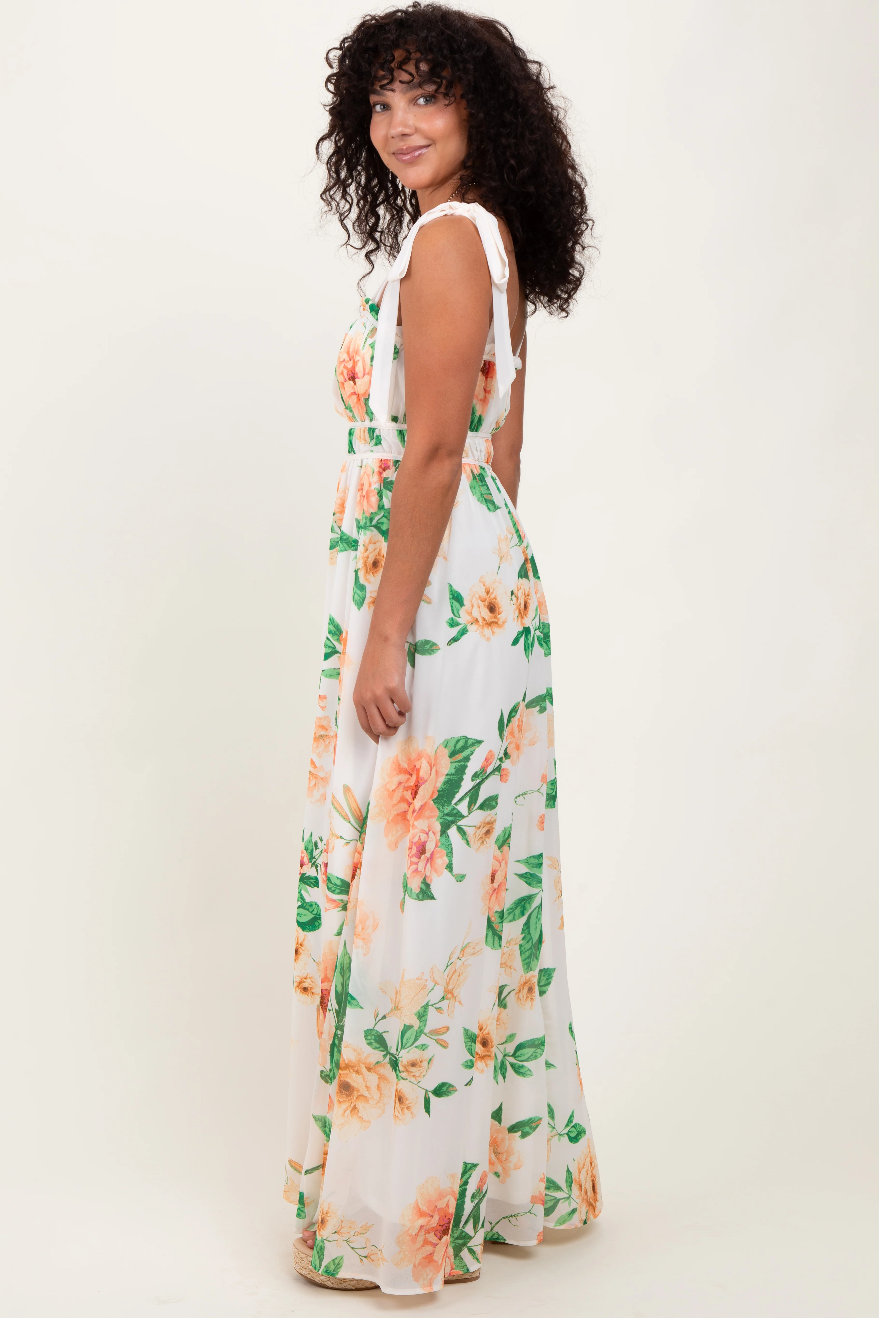 Peach Tropical Floral Shoulder Tie Maxi Dress - Image 3