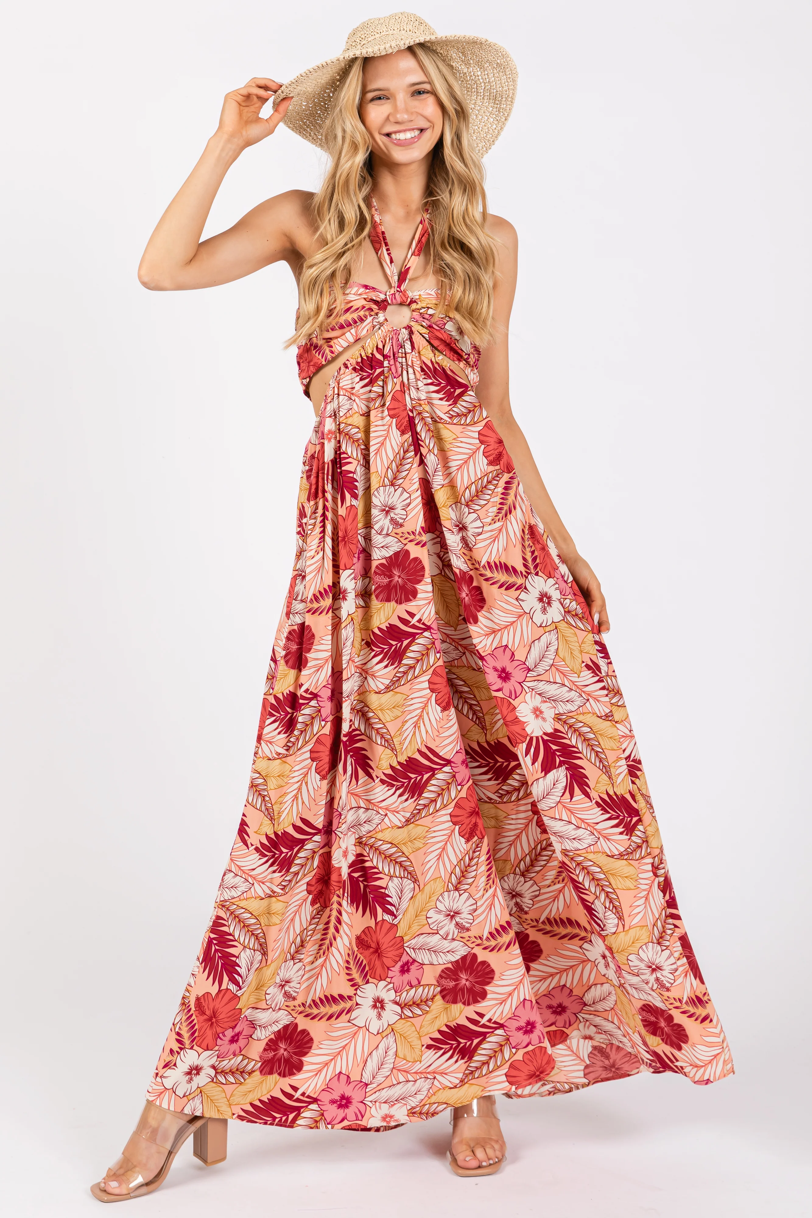 Peach Tropical Print Cutout Halter Neck Maternity Maxi Dress - Image 5
