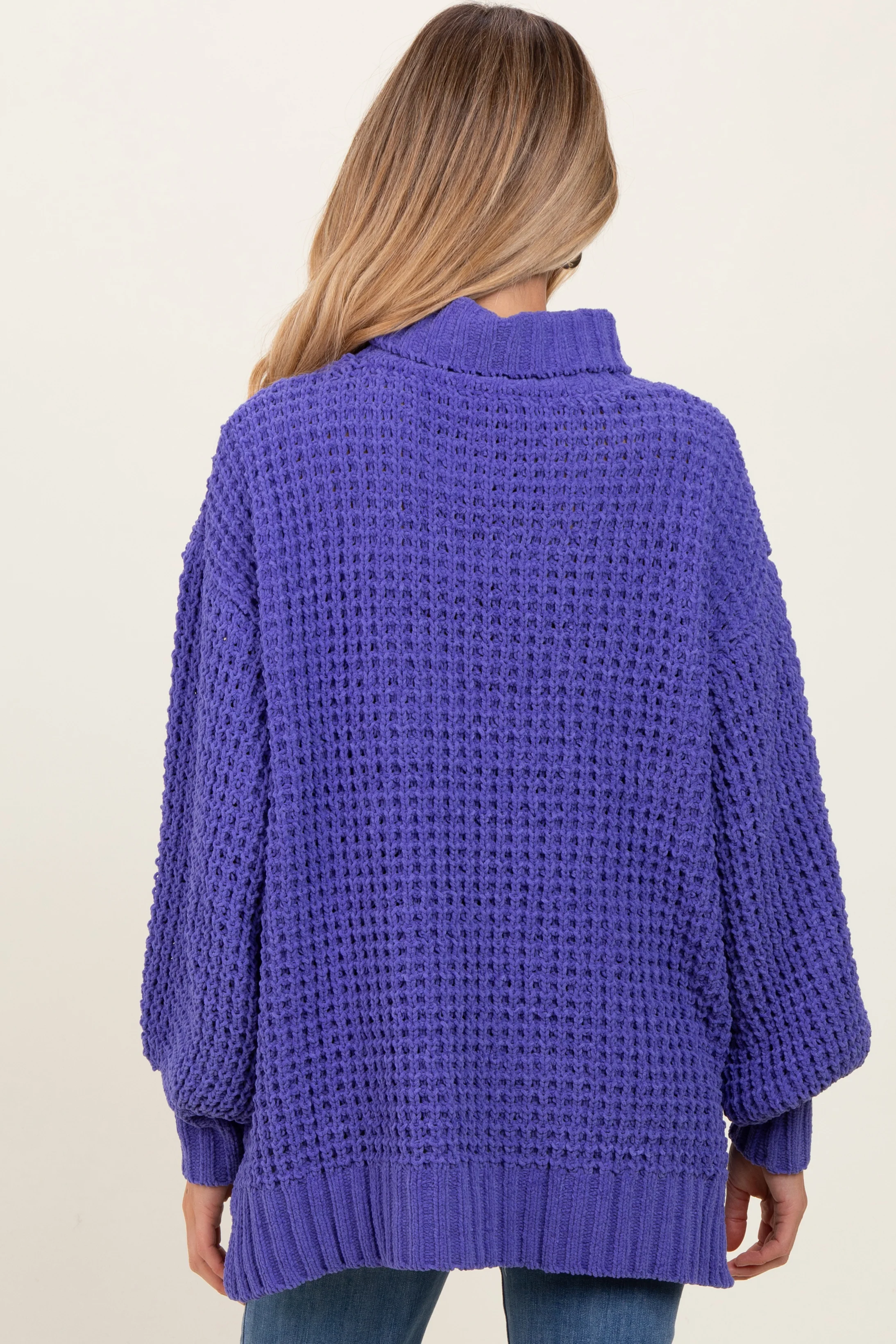 Periwinkle Chunky Waffle Knit Maternity Turtleneck Sweater - Image 3