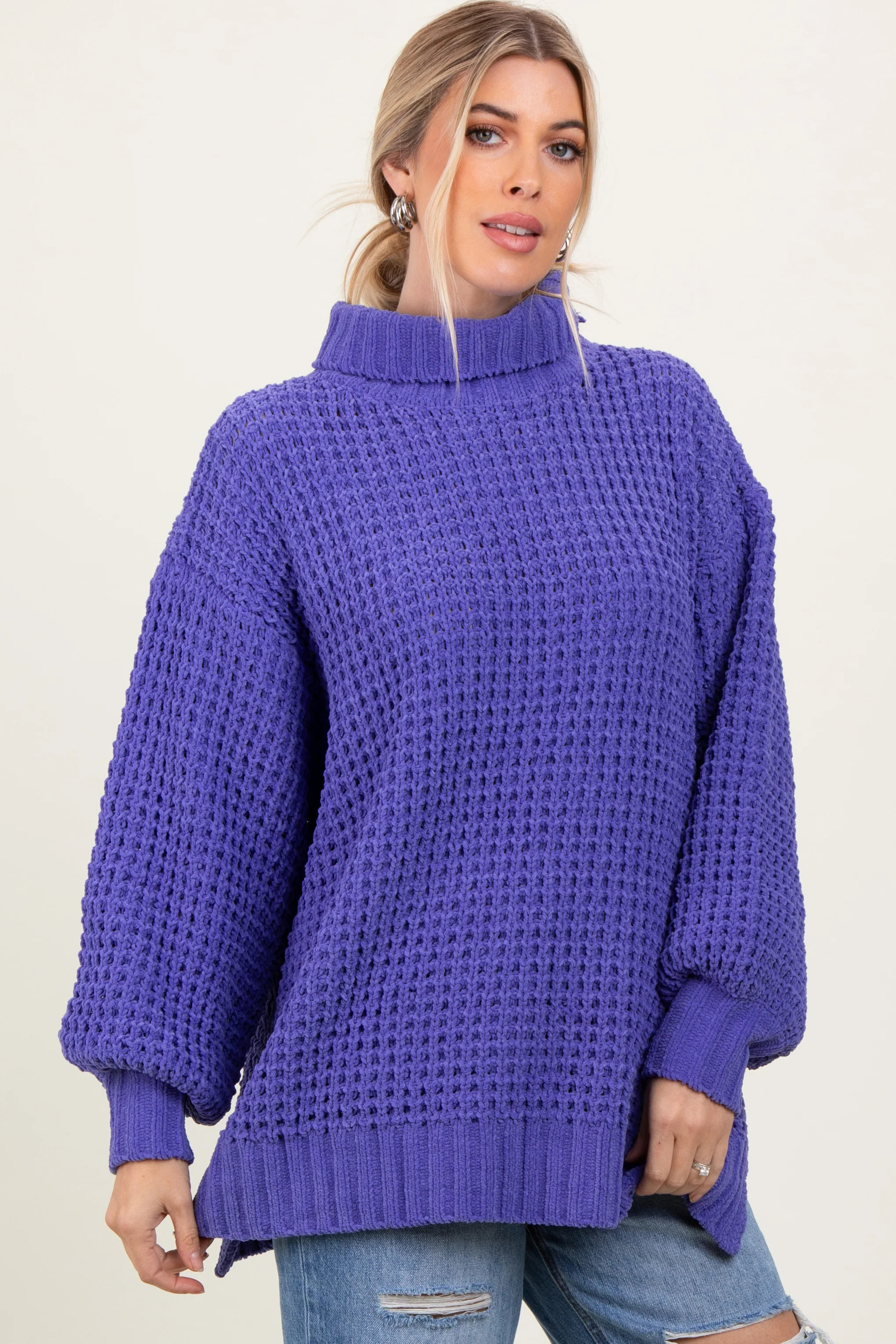 Periwinkle Chunky Waffle Knit Turtleneck Sweater - Image 3