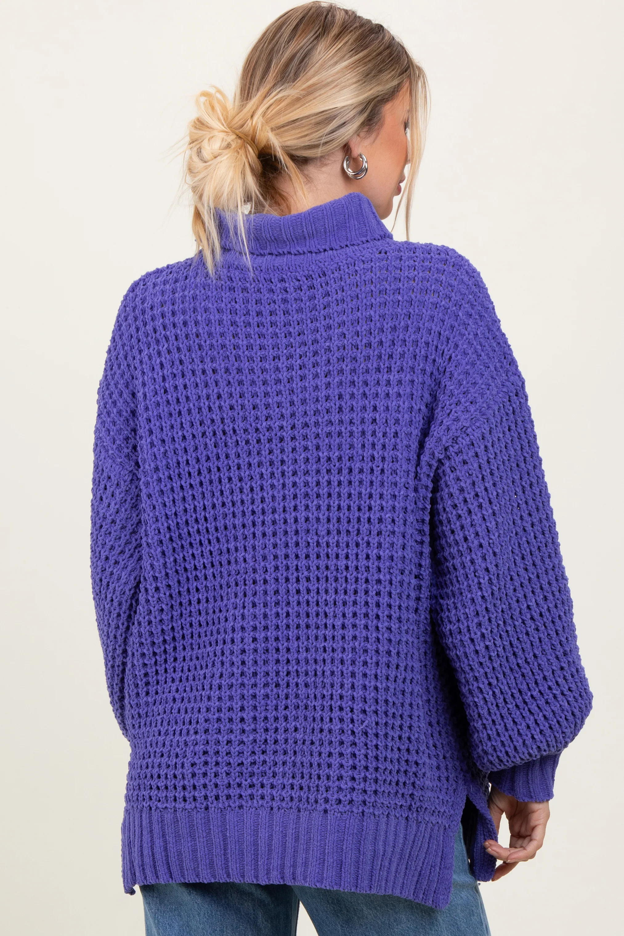 Periwinkle Chunky Waffle Knit Turtleneck Sweater - Image 4