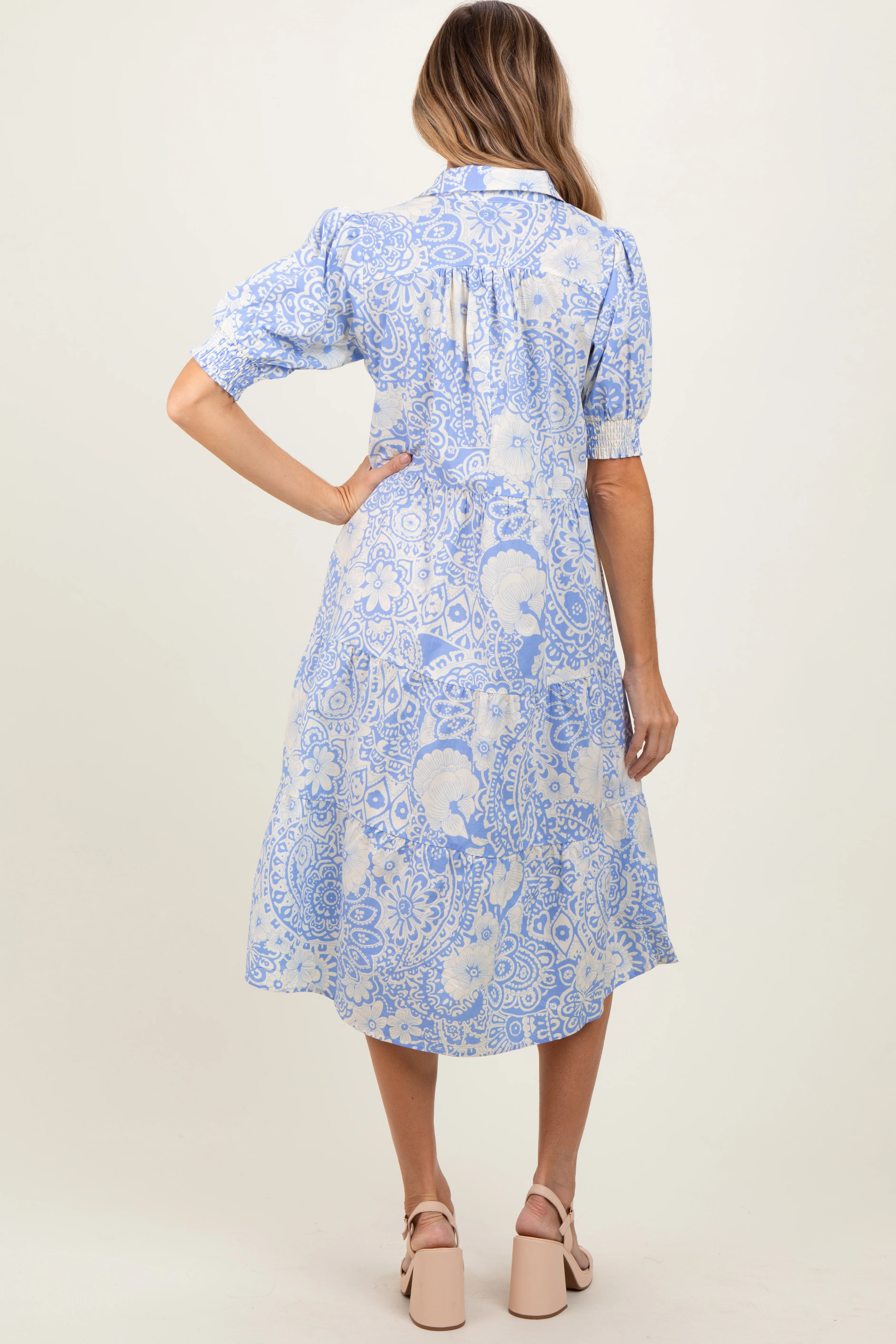 Periwinkle Floral Collared Tiered Midi Dress - Image 4