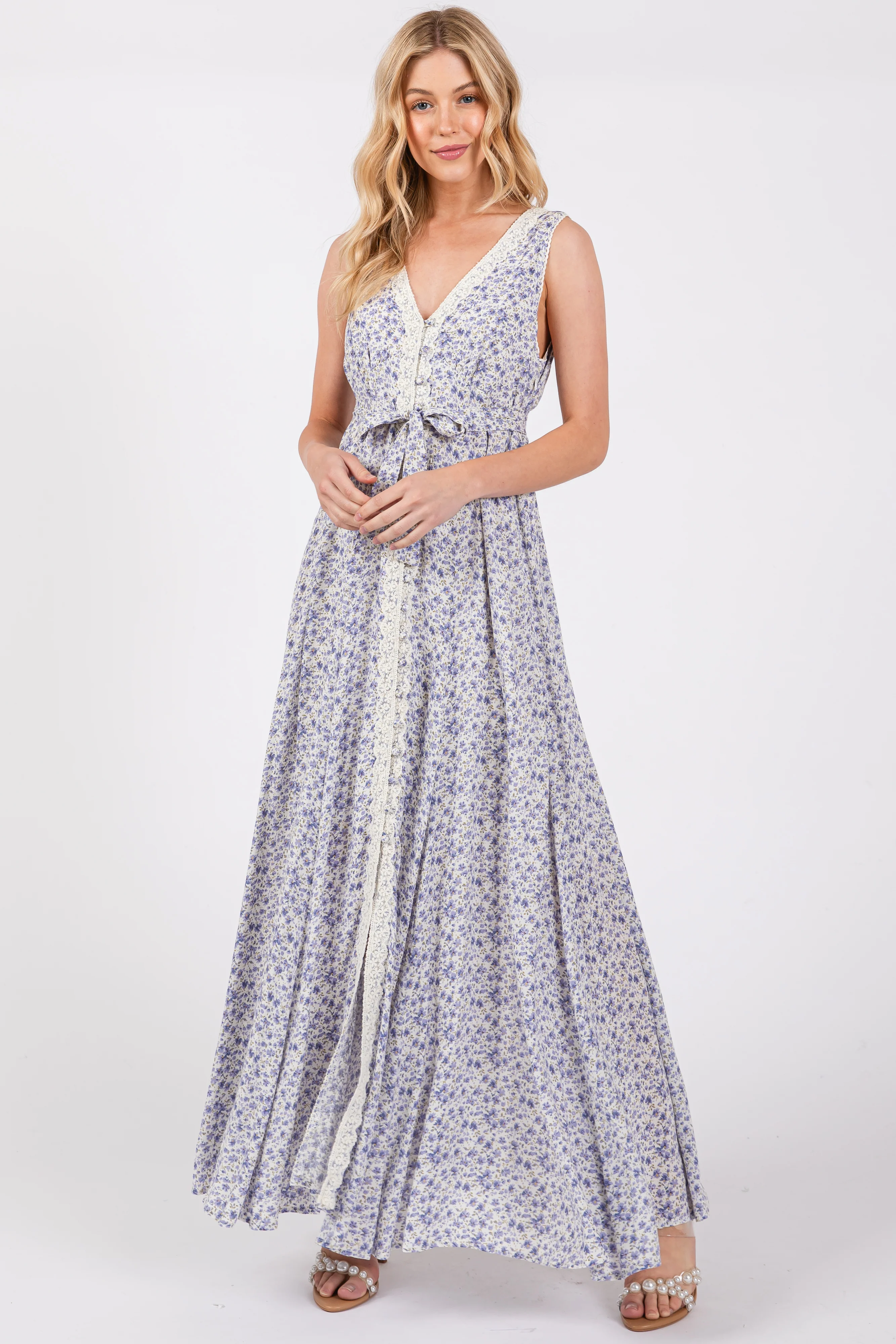 Periwinkle Floral Crochet Trim Button Down Maternity Maxi Dress - Image 6