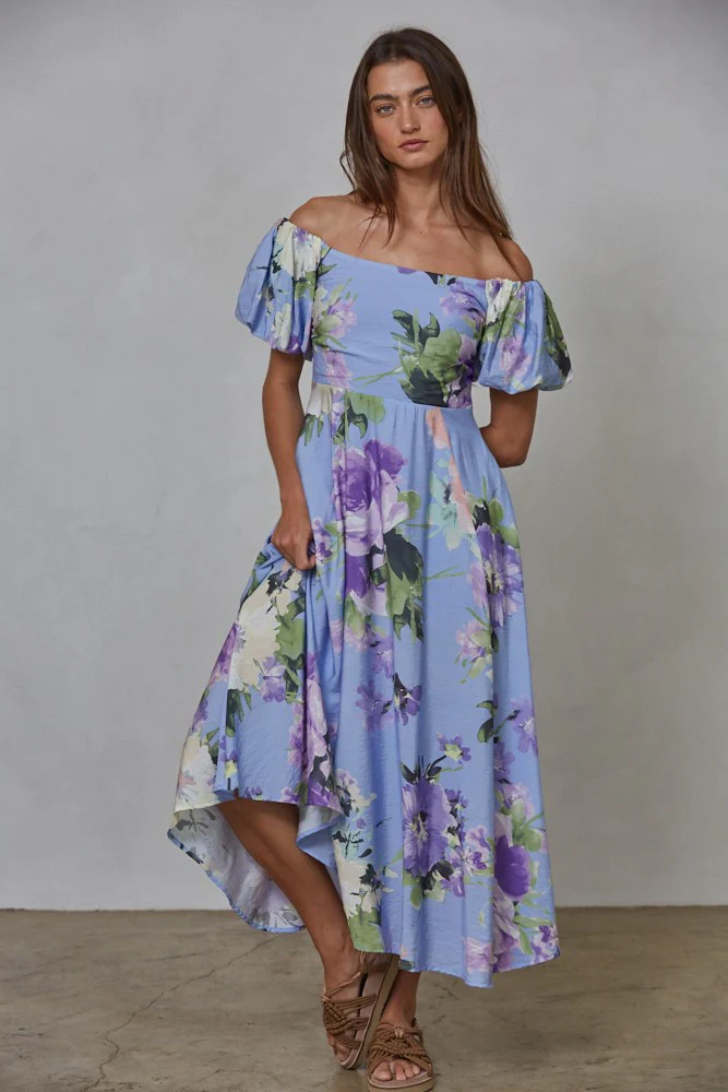 Periwinkle Floral Off Shoulder Balloon Sleeve Midi Dress - Image 2