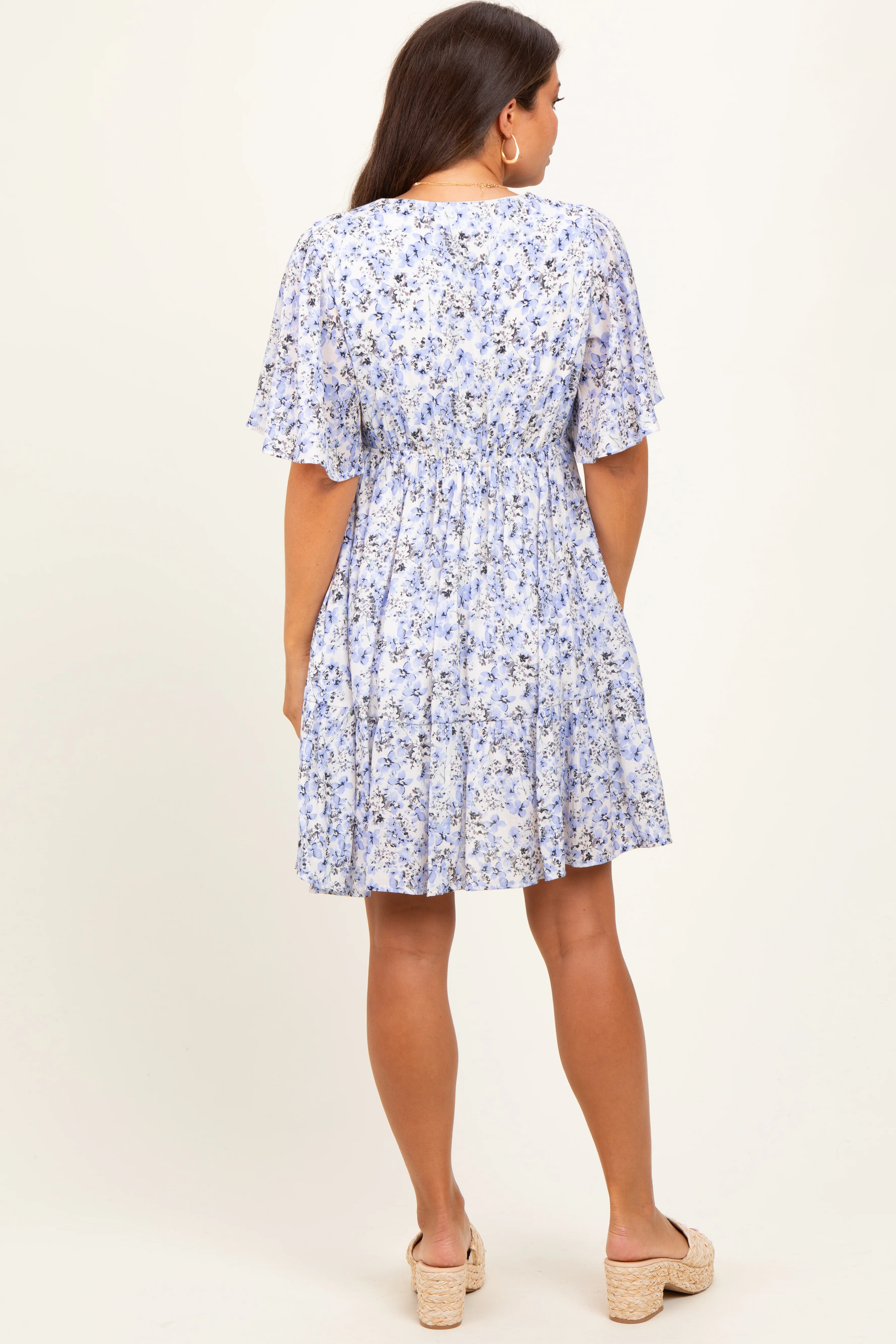 Periwinkle Floral V-Neck Flutter Sleeve Maternity Mini Dress - Image 3