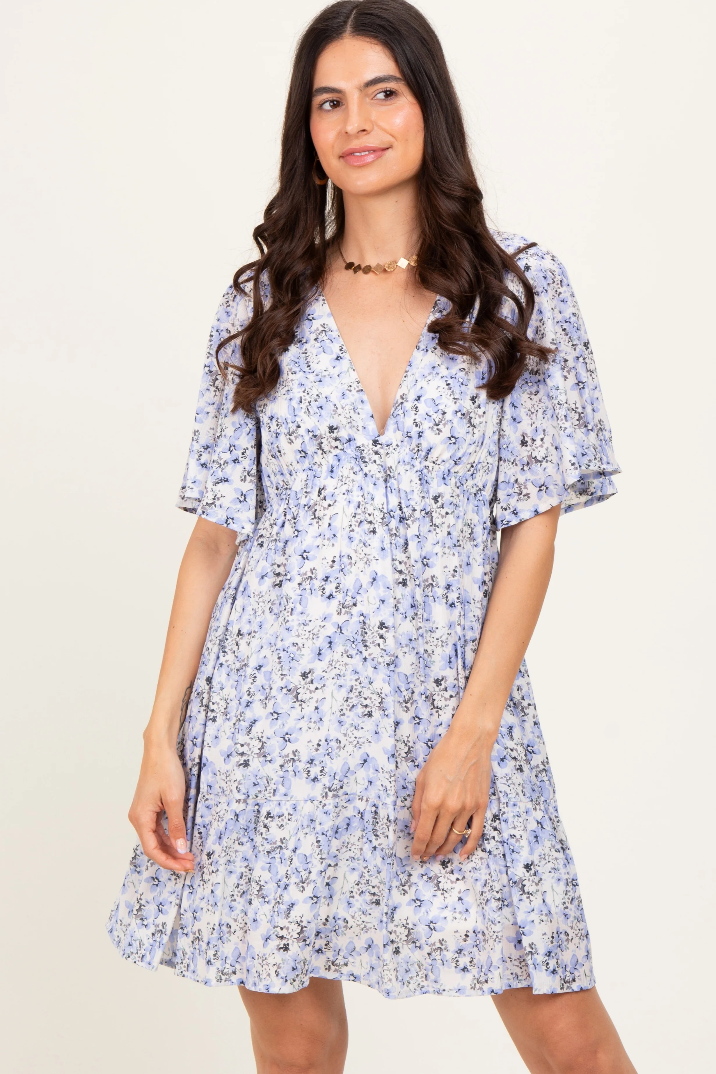 Periwinkle Floral V-Neck Flutter Sleeve Maternity Mini Dress - Image 4