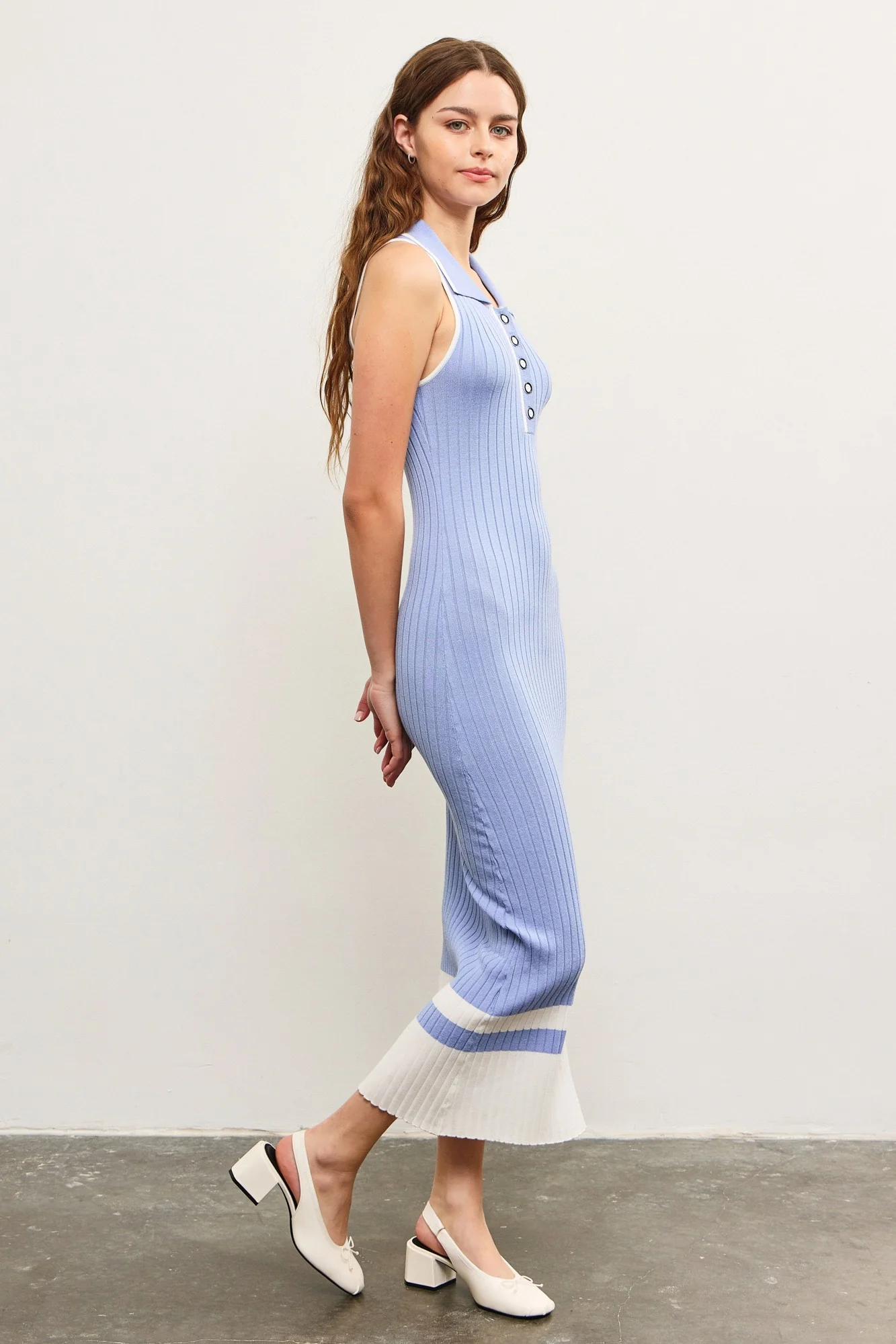 Periwinkle Knit Colorblock Stripe Sleeveless Polo Dress - Image 2