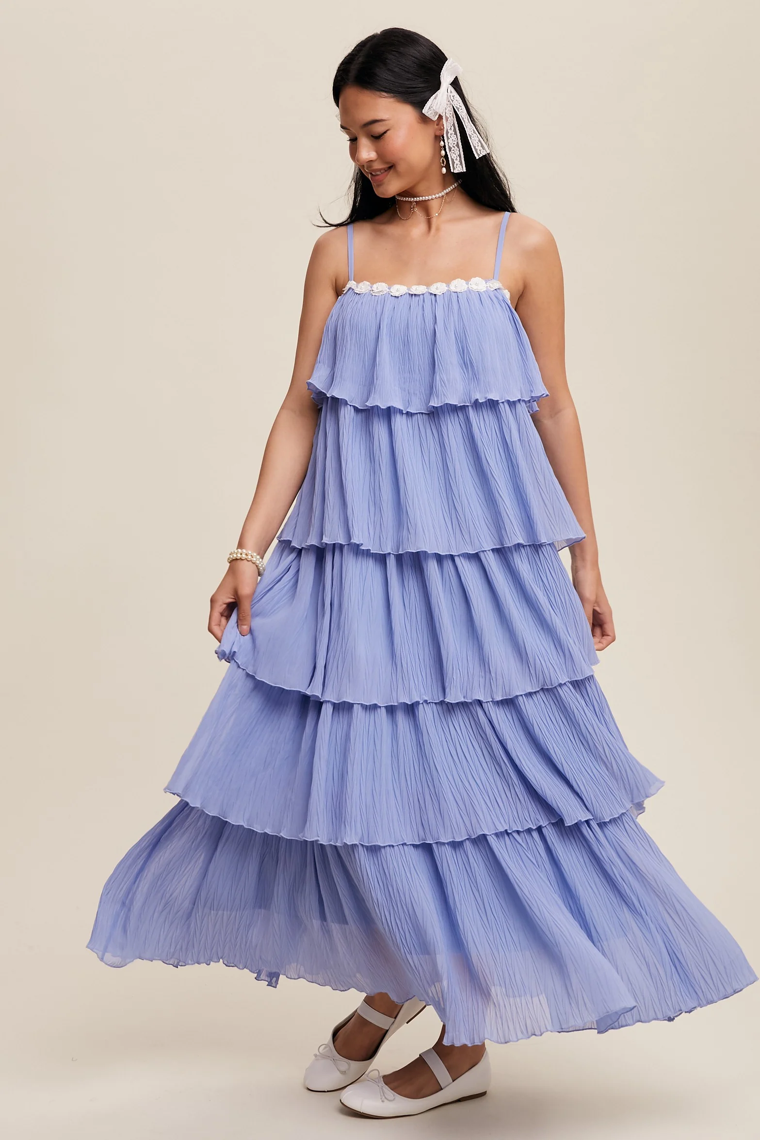 Periwinkle Ruffle Tiered Maternity Maxi Dress - Image 5
