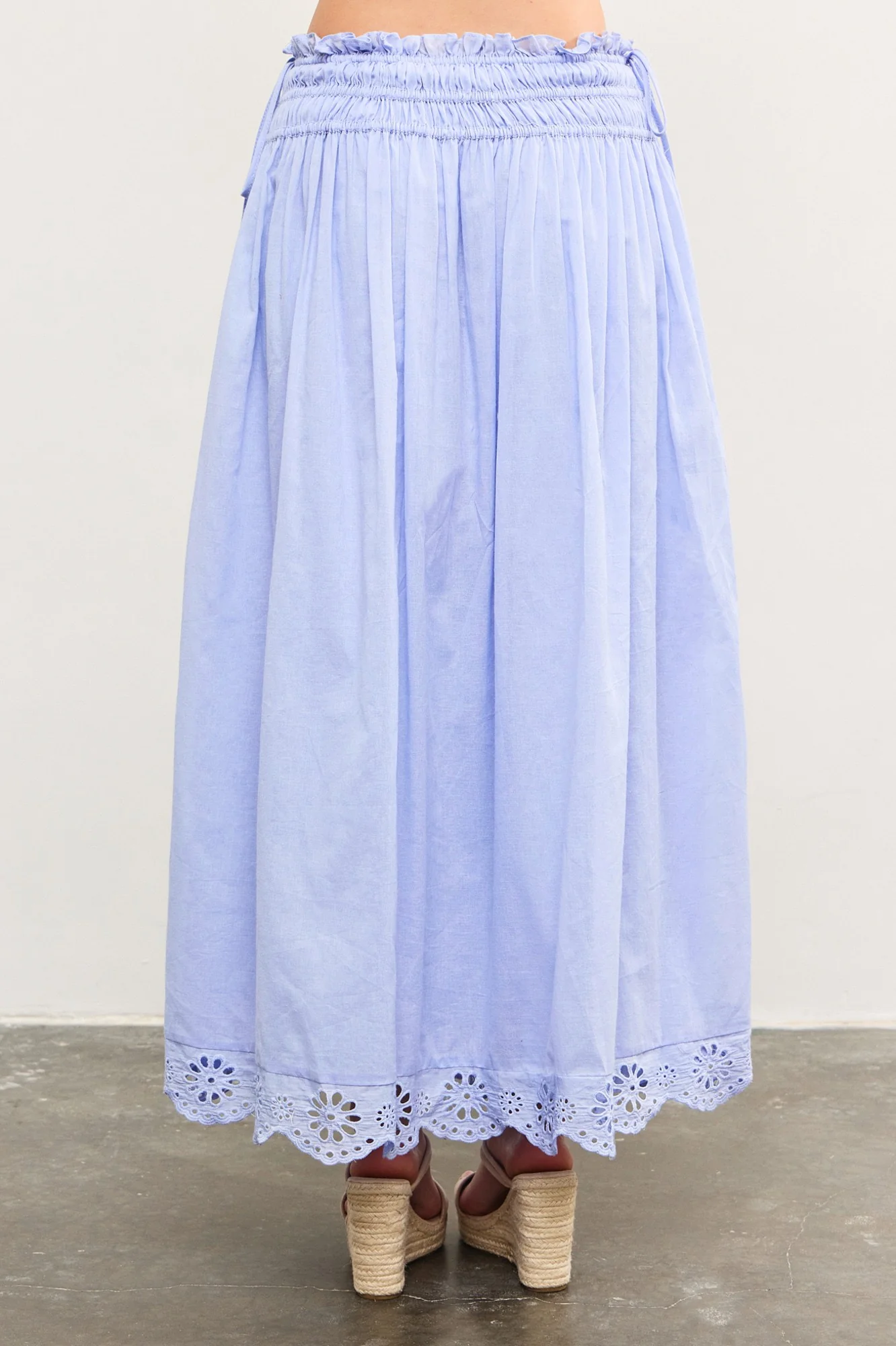 Periwinkle Smocked Waist Eyelet Lace Hem Maxi Skirt - Image 4