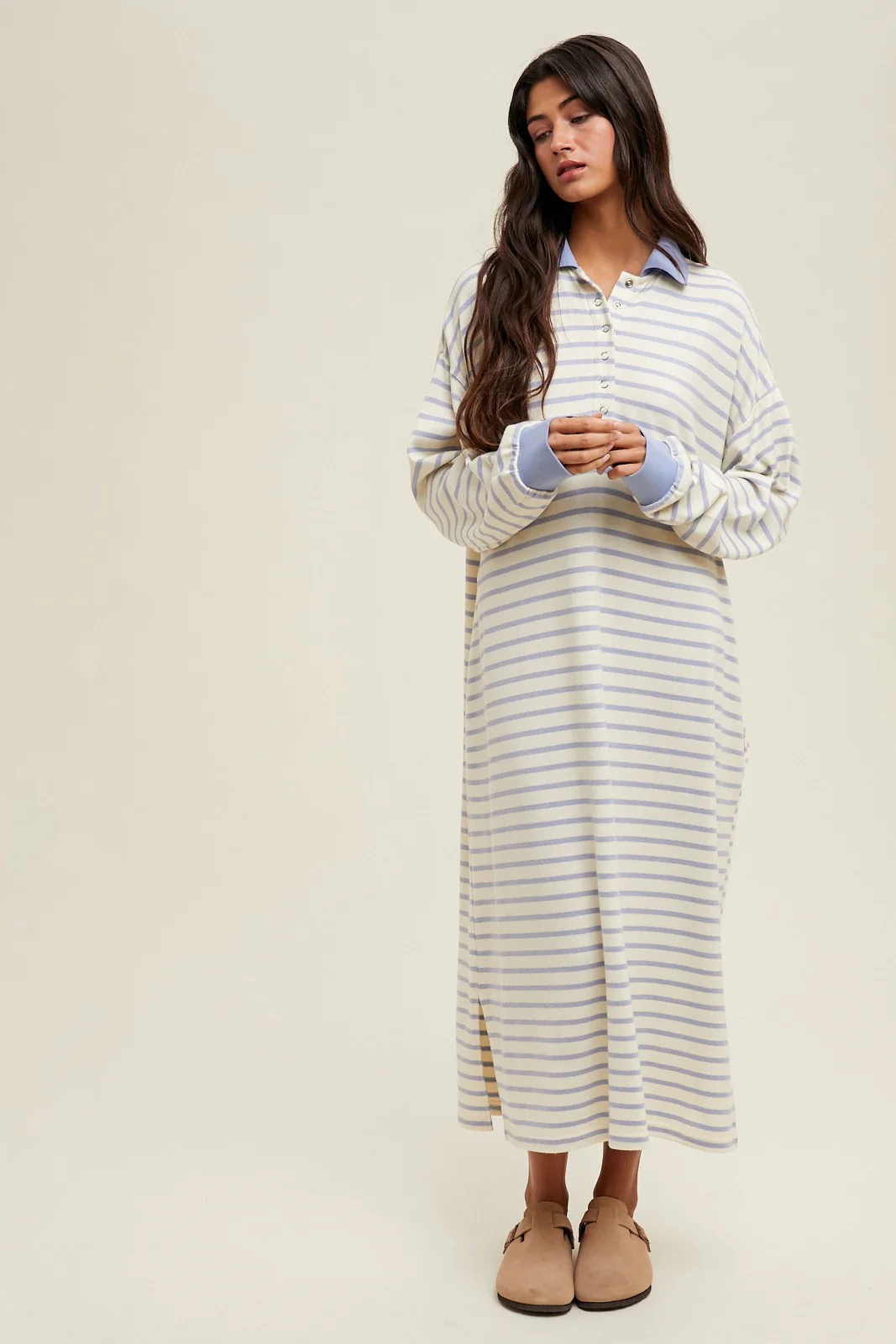 Periwinkle Stripe Snap Button Long Sleeve Midi Dress - Image 2