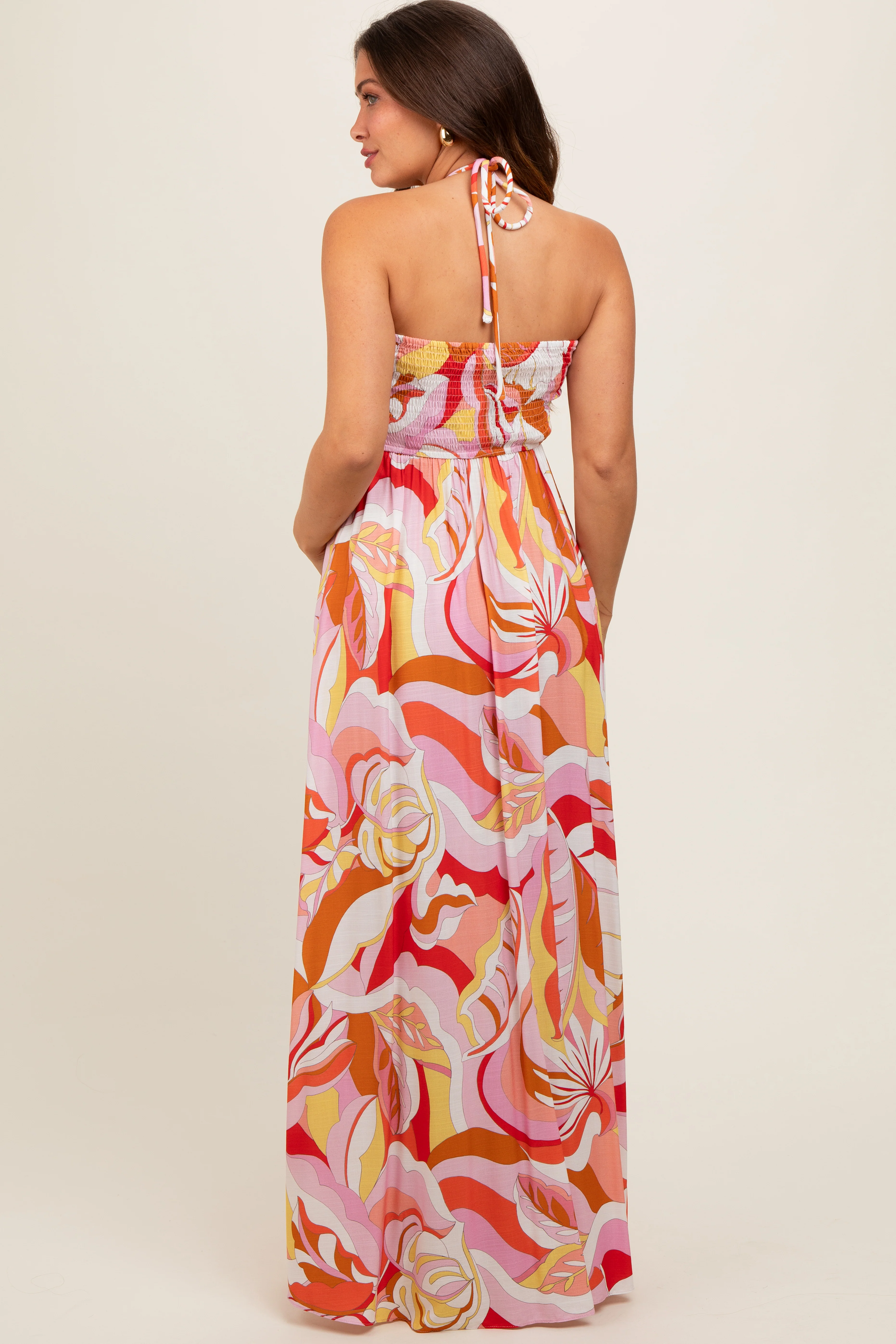 Pink Abstract Print Halter Maternity Maxi Dress - Image 5