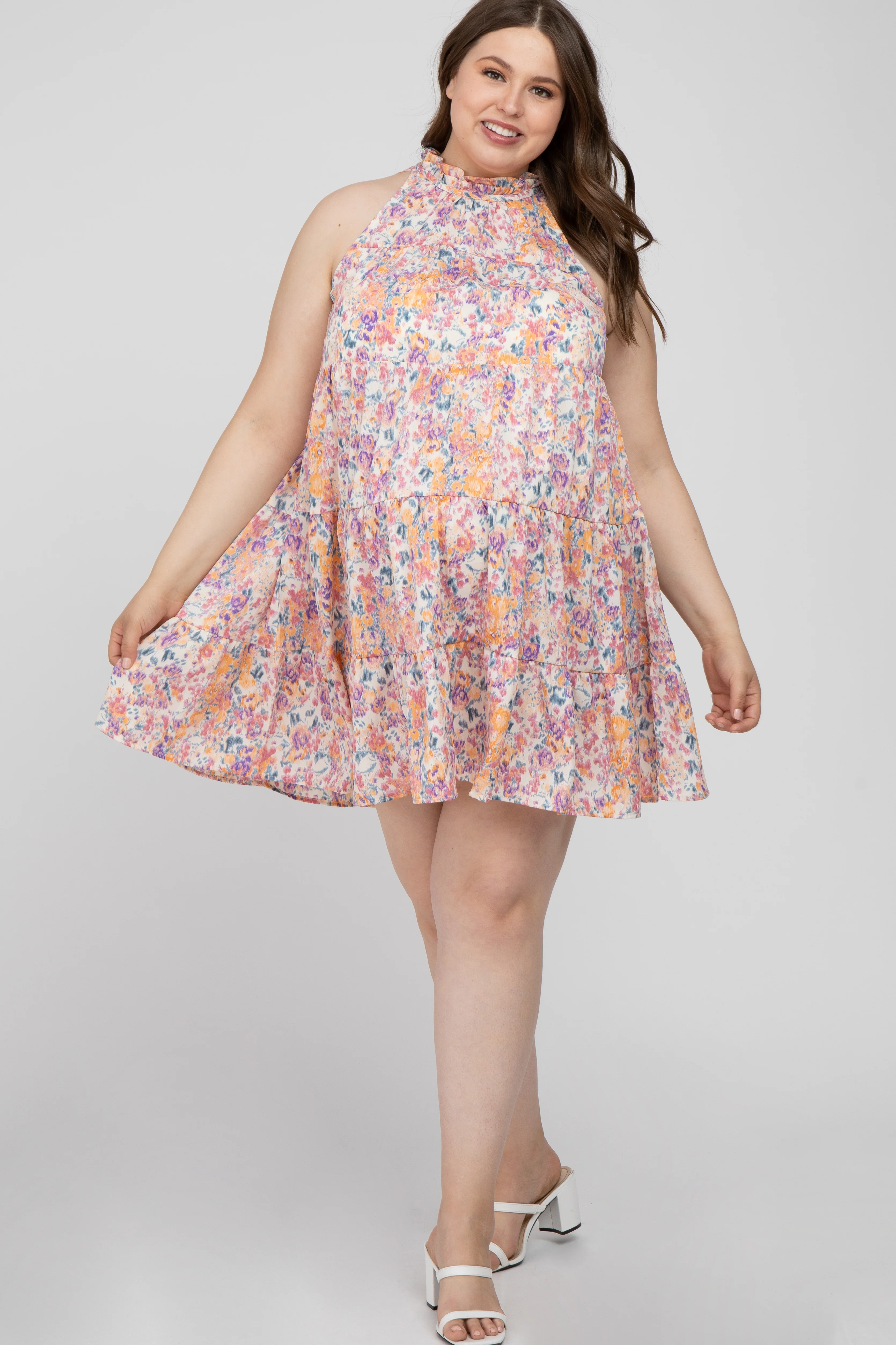 Pink Abstract Print Ruffle Neck Maternity Plus Dress - Image 2