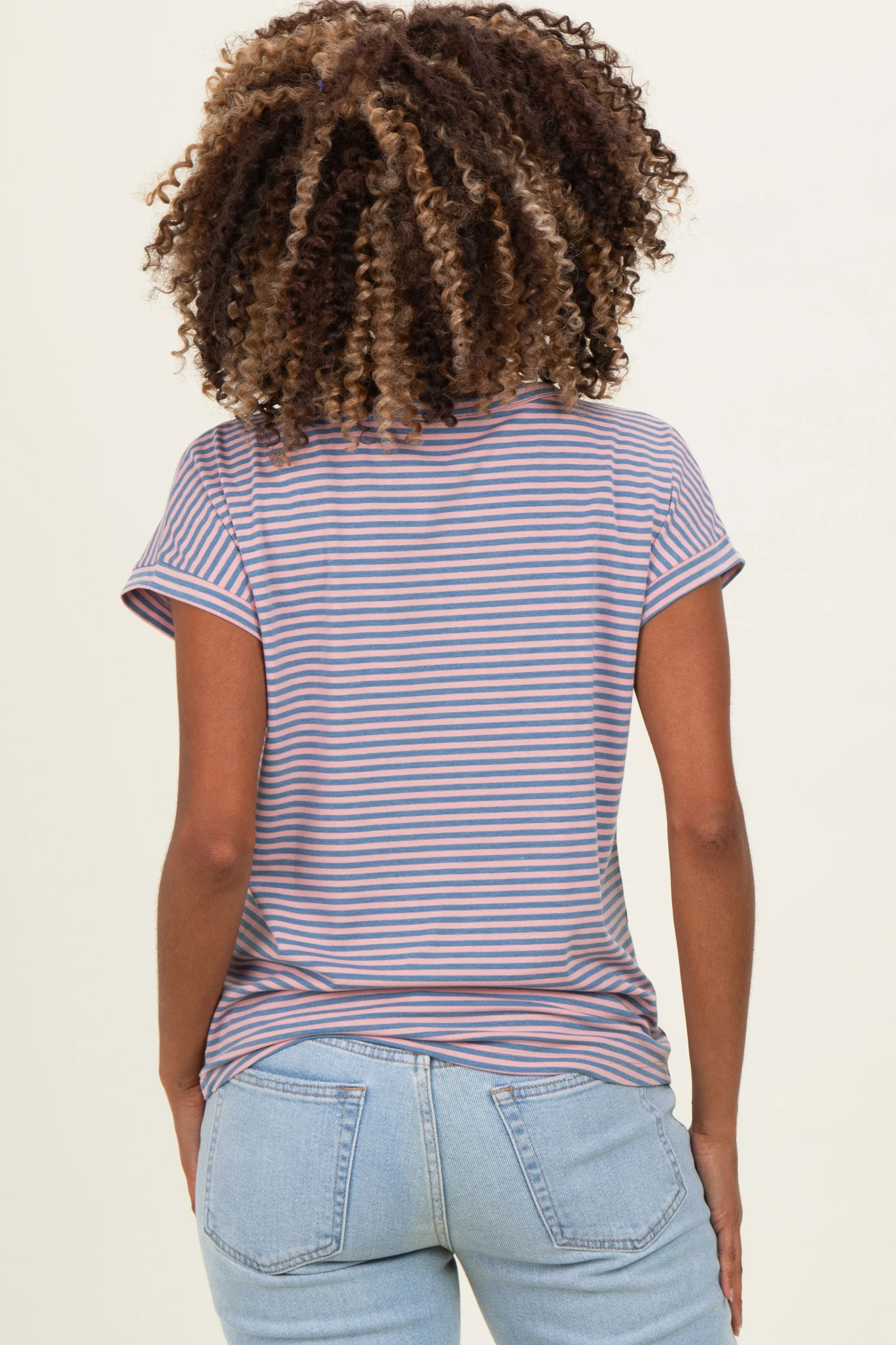 Pink Blue Striped V-Neck Short Sleeve Maternity Top - Image 3