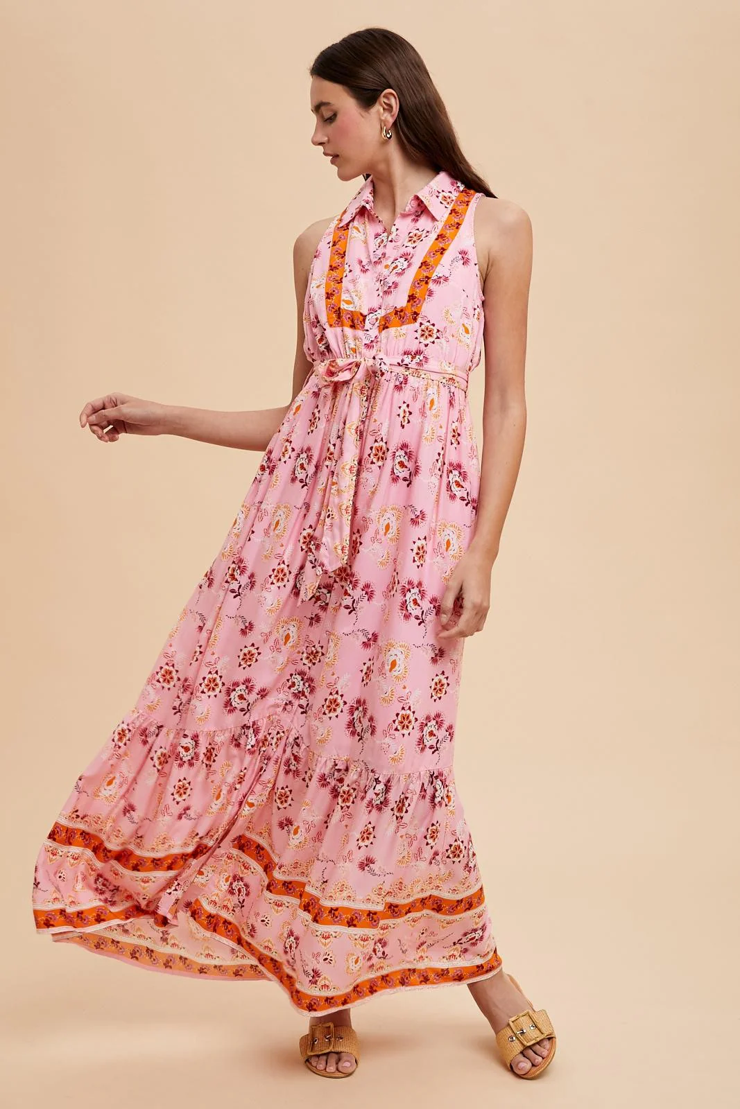Pink Border Print Collared Button Down Maxi Dress - Image 3