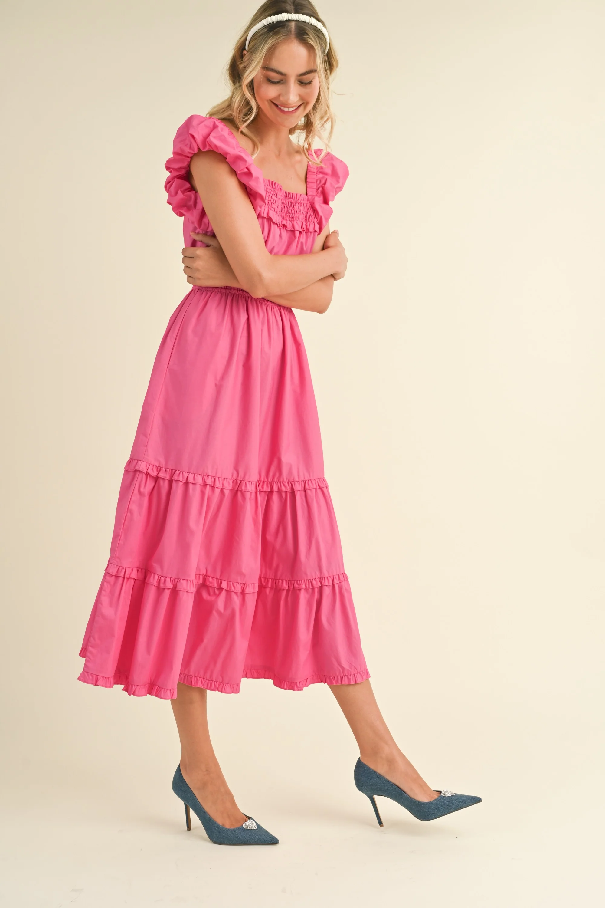 Pink Bubble Sleeve Tiered Ruffle Midi Dress - Image 2