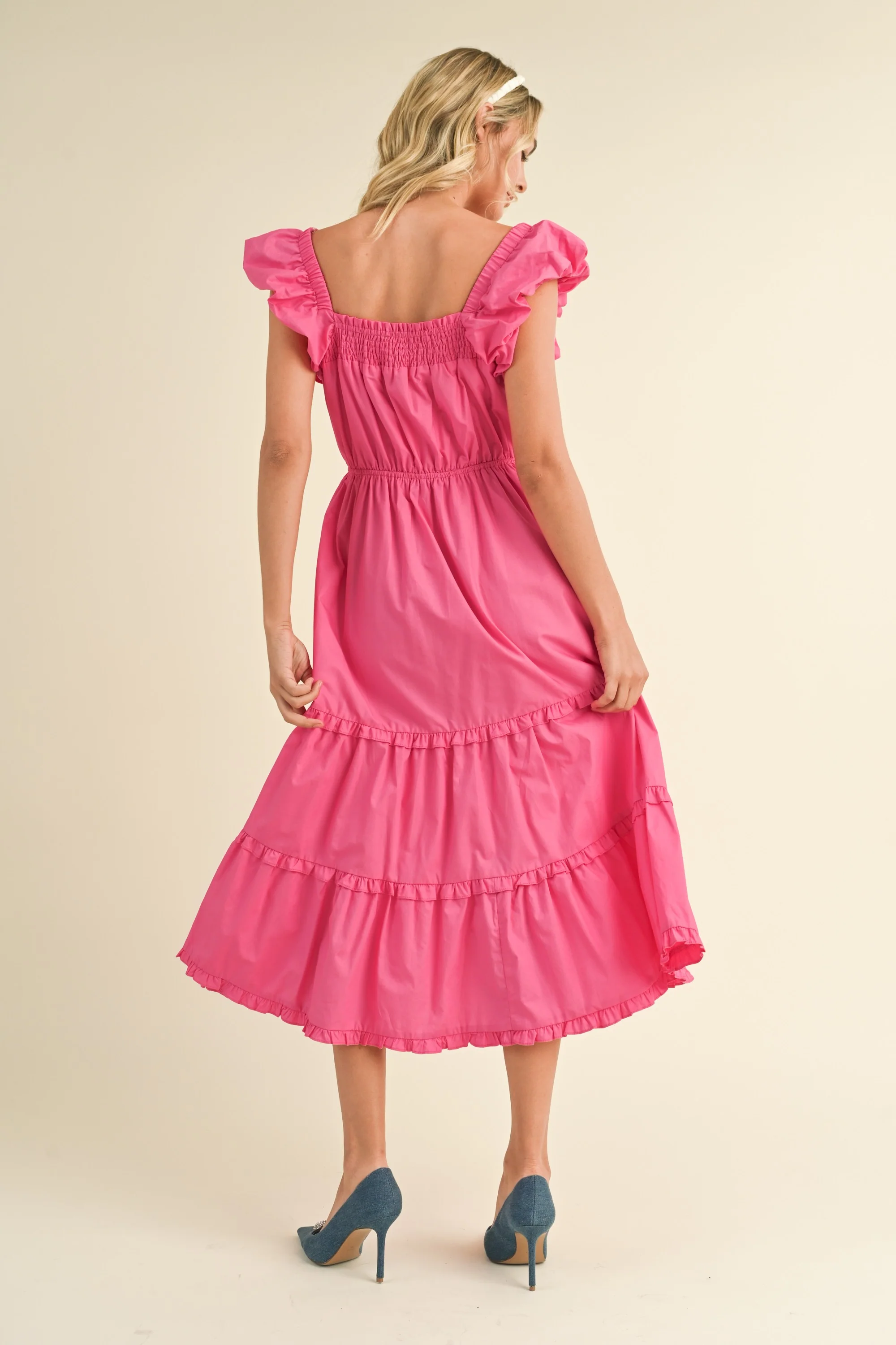 Pink Bubble Sleeve Tiered Ruffle Midi Dress - Image 3