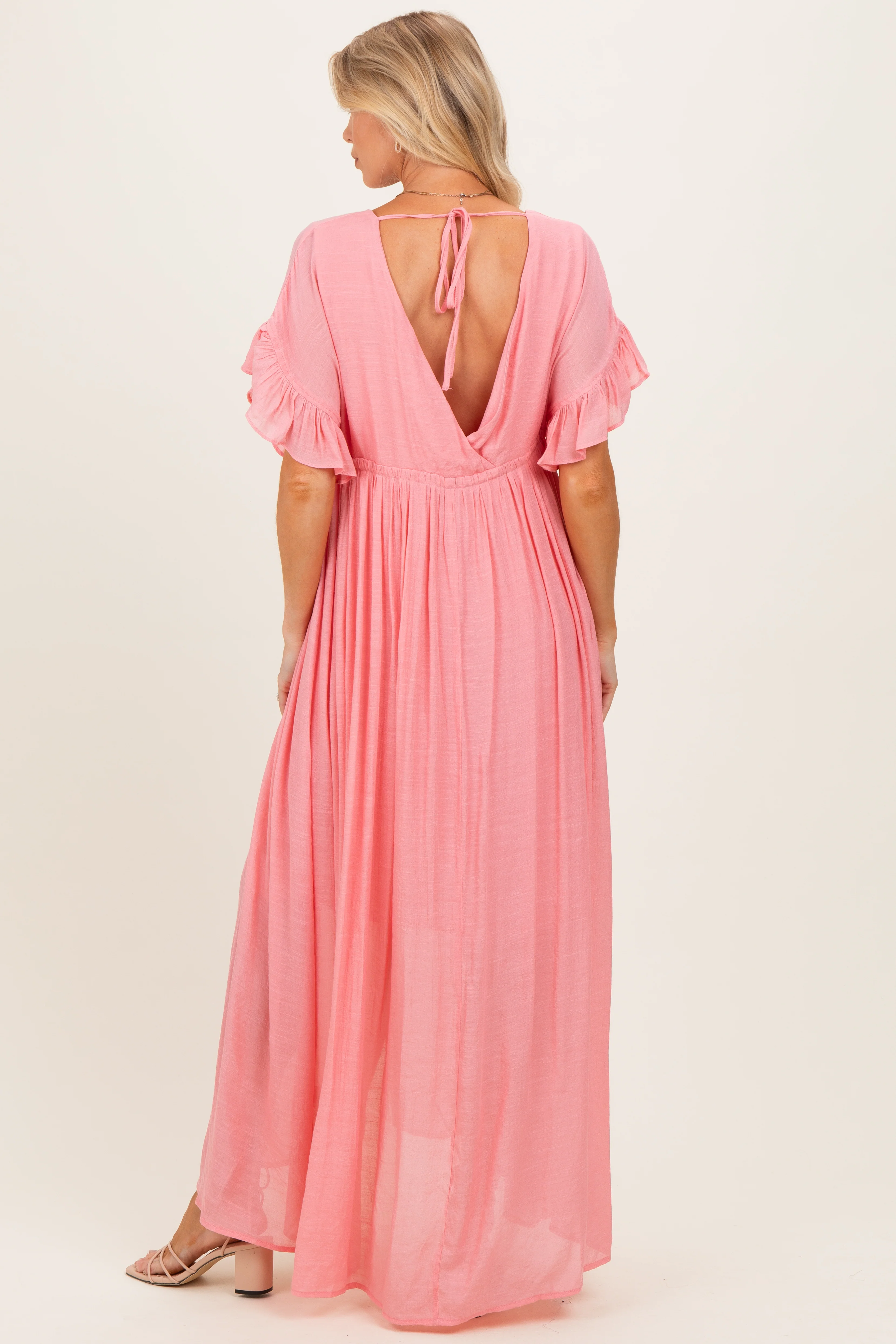Pink Button Down Deep V-Neck Maternity Maxi Dress - Image 4