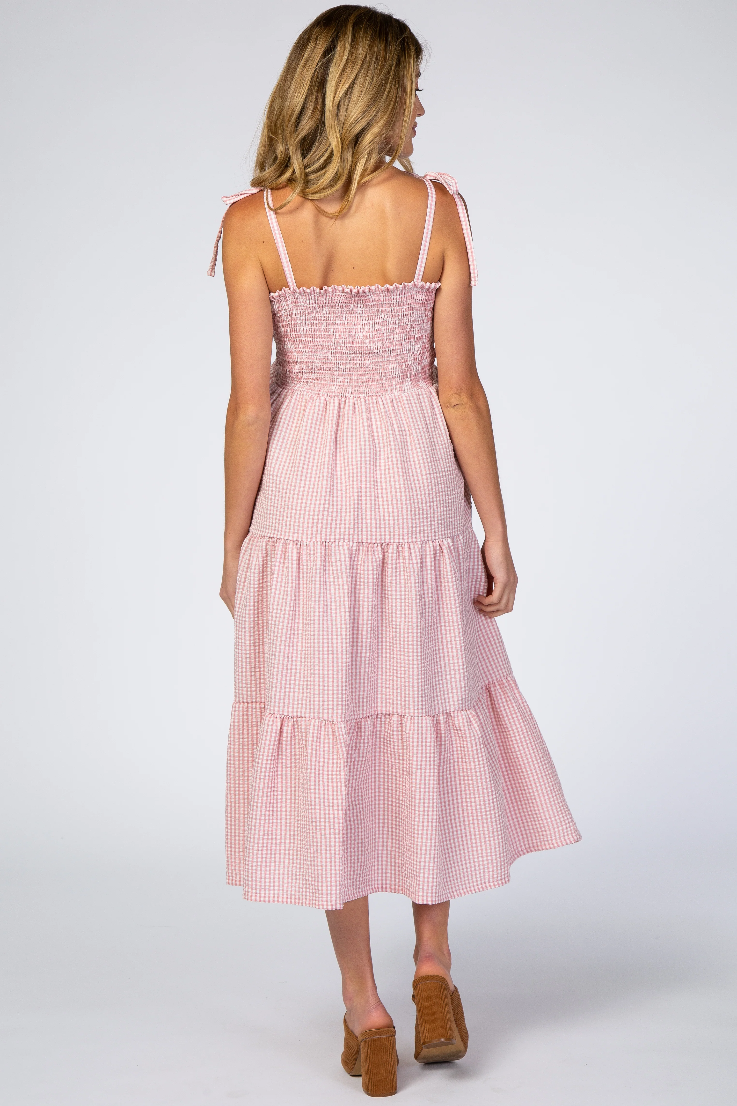 Pink Checkered Tiered Maternity Midi Dress - Image 3