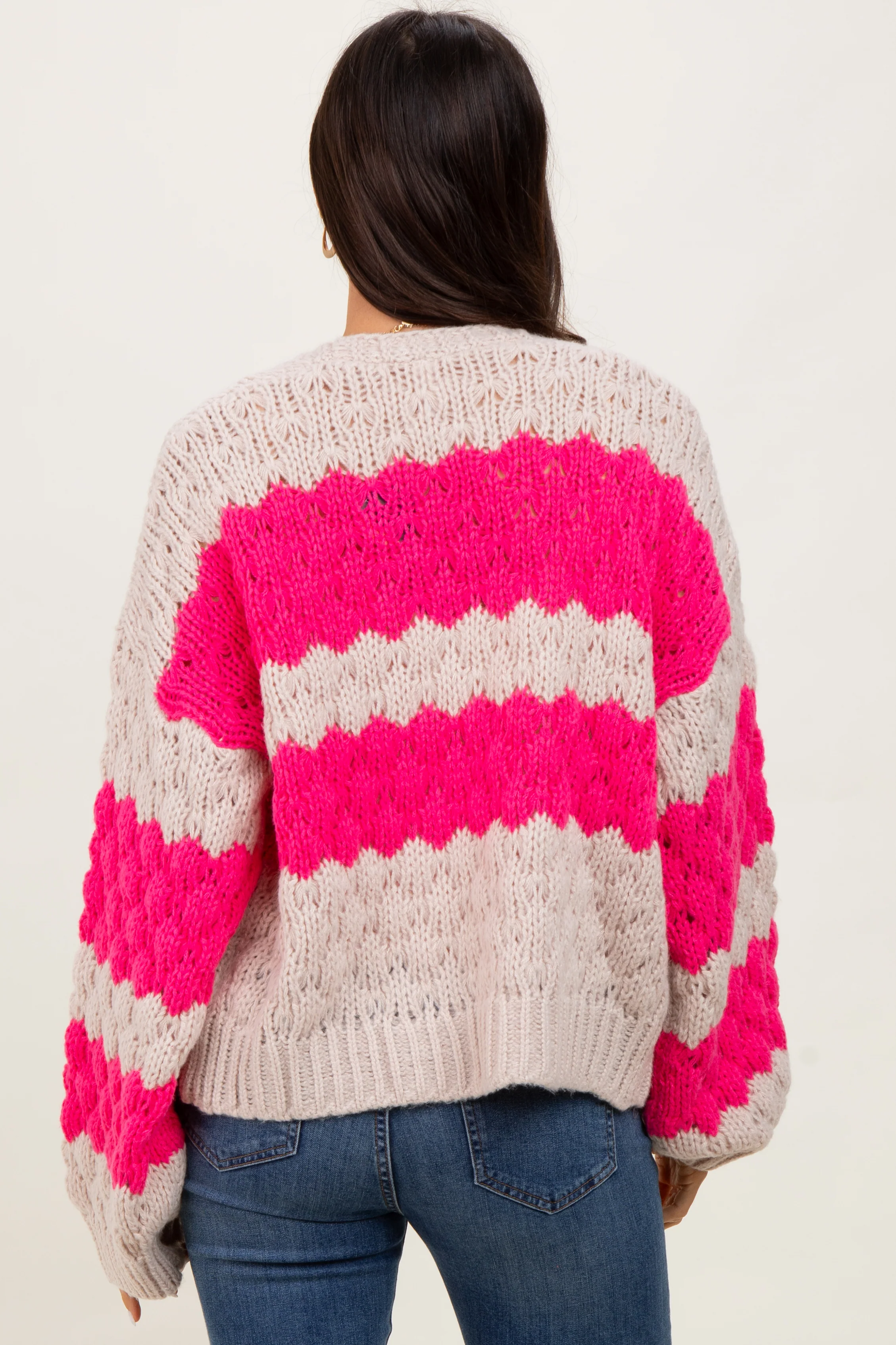 Pink Colorblock Chunky Knit Open Cardigan - Image 4