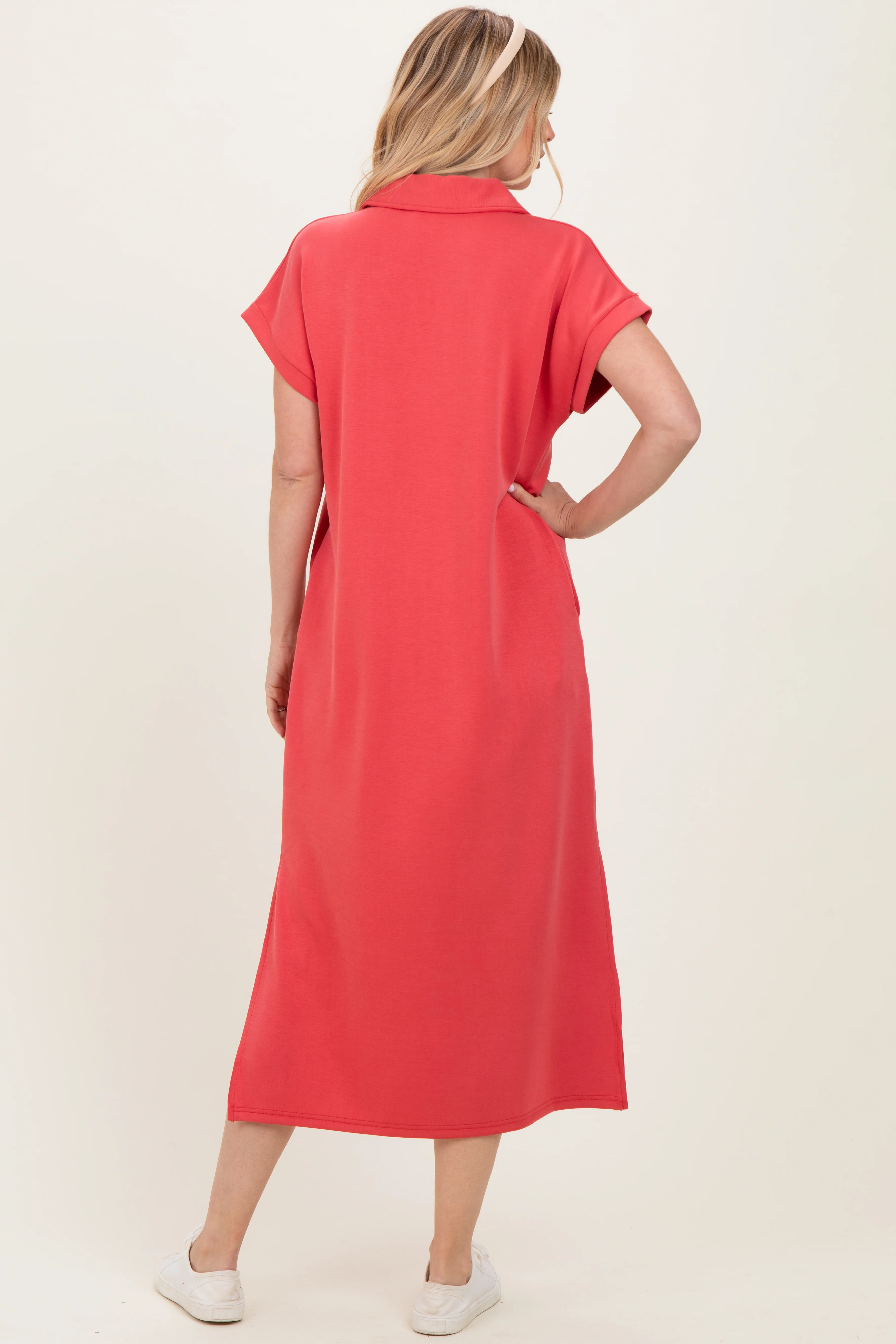 Pink Coral Collared Short Sleeve Midi Dress - Image 4
