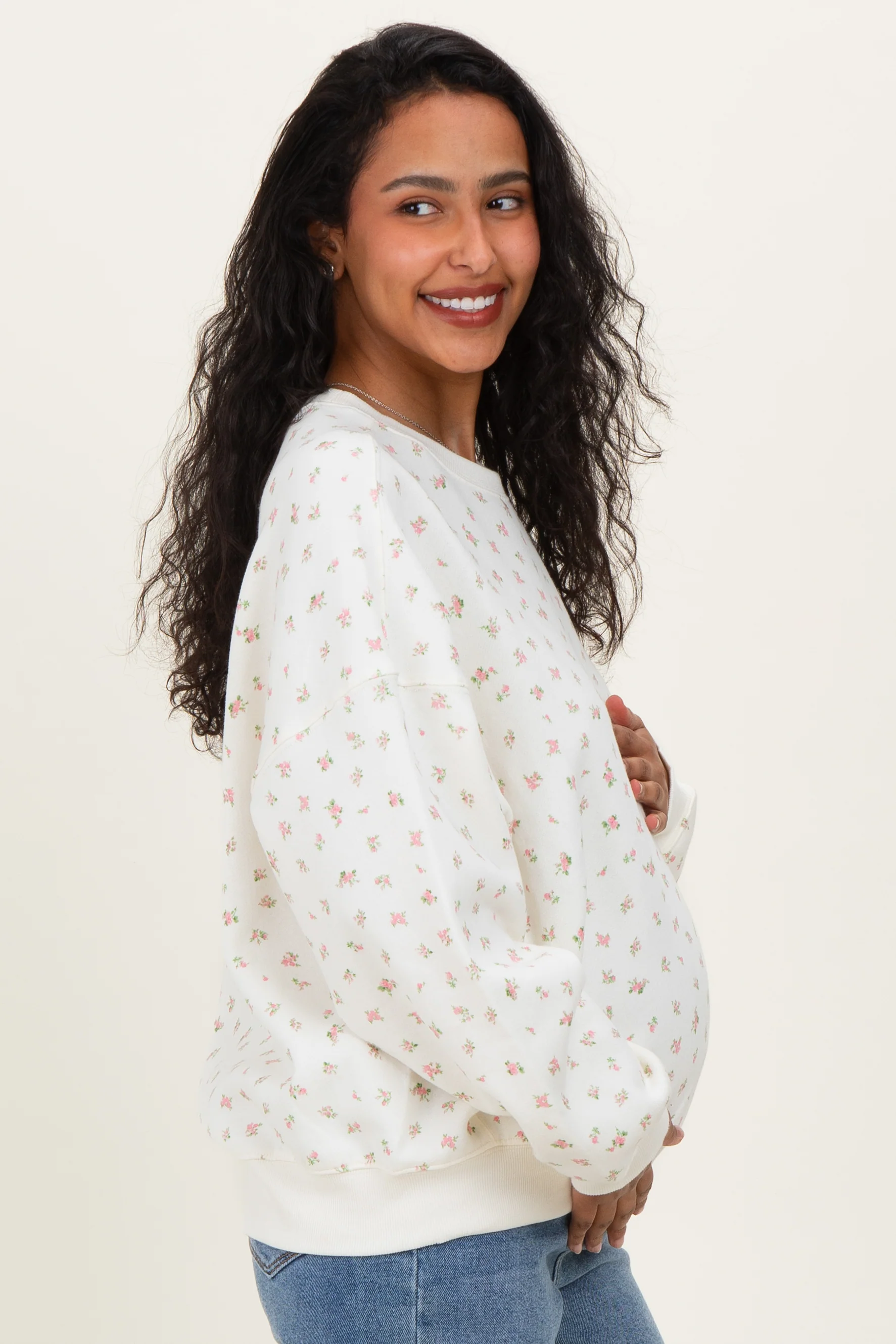 Pink Ditsy Floral Maternity Sweatshirt - Image 3