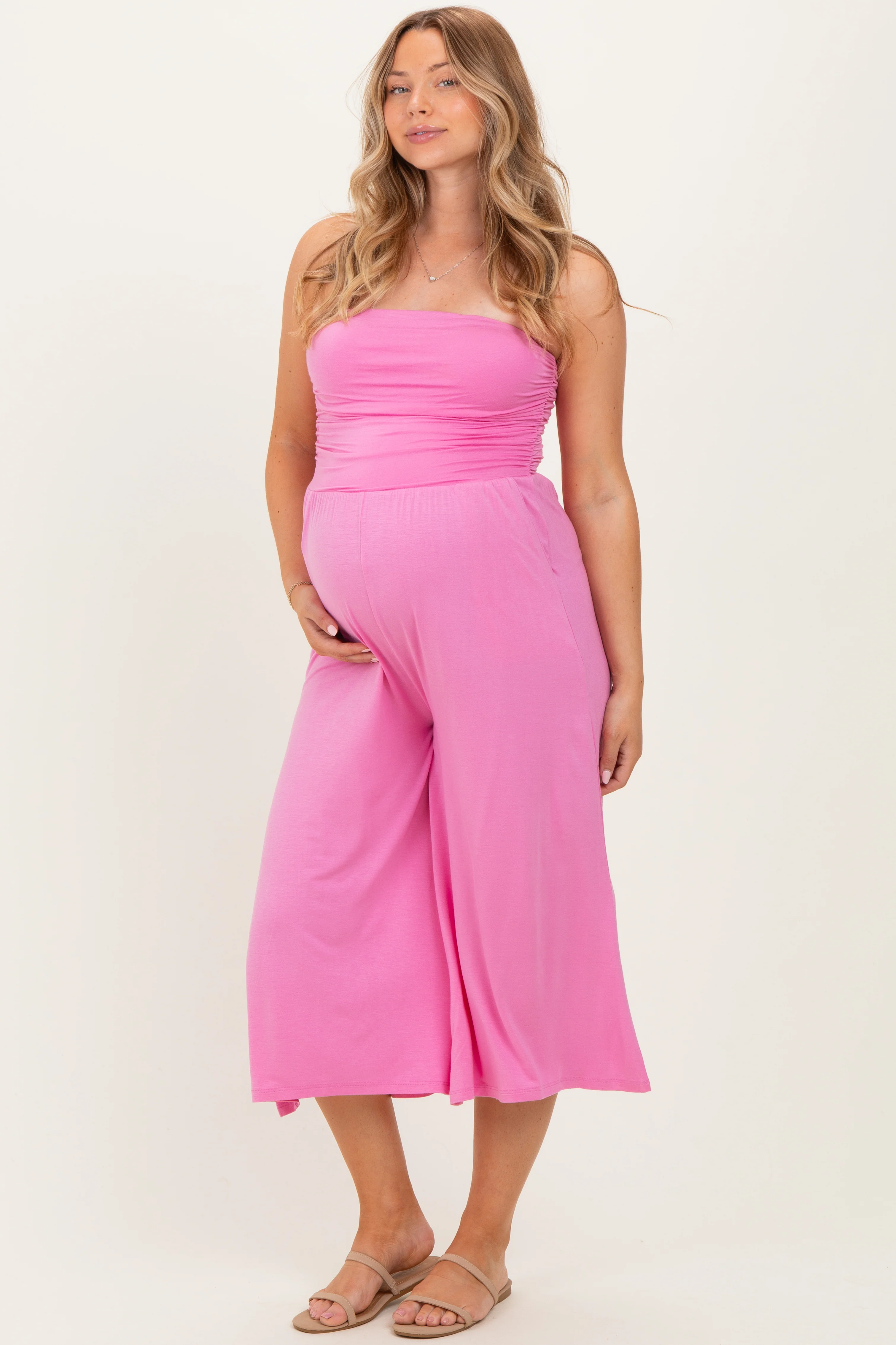 Pink Double Layered Strapless Tube Top Maternity Jumpsuit - Image 3