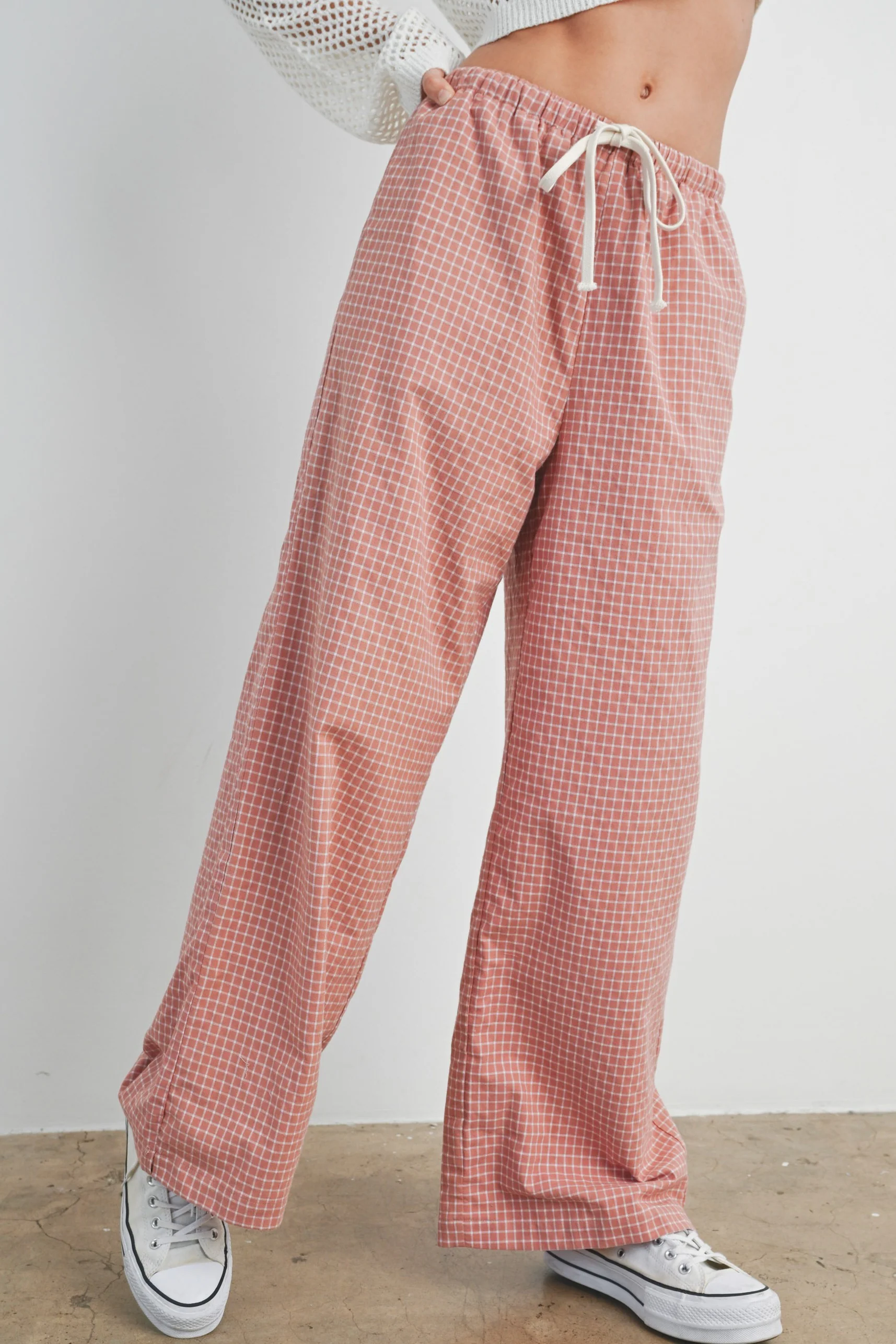 Pink Drawstring Checker Plaid Pants - Image 3