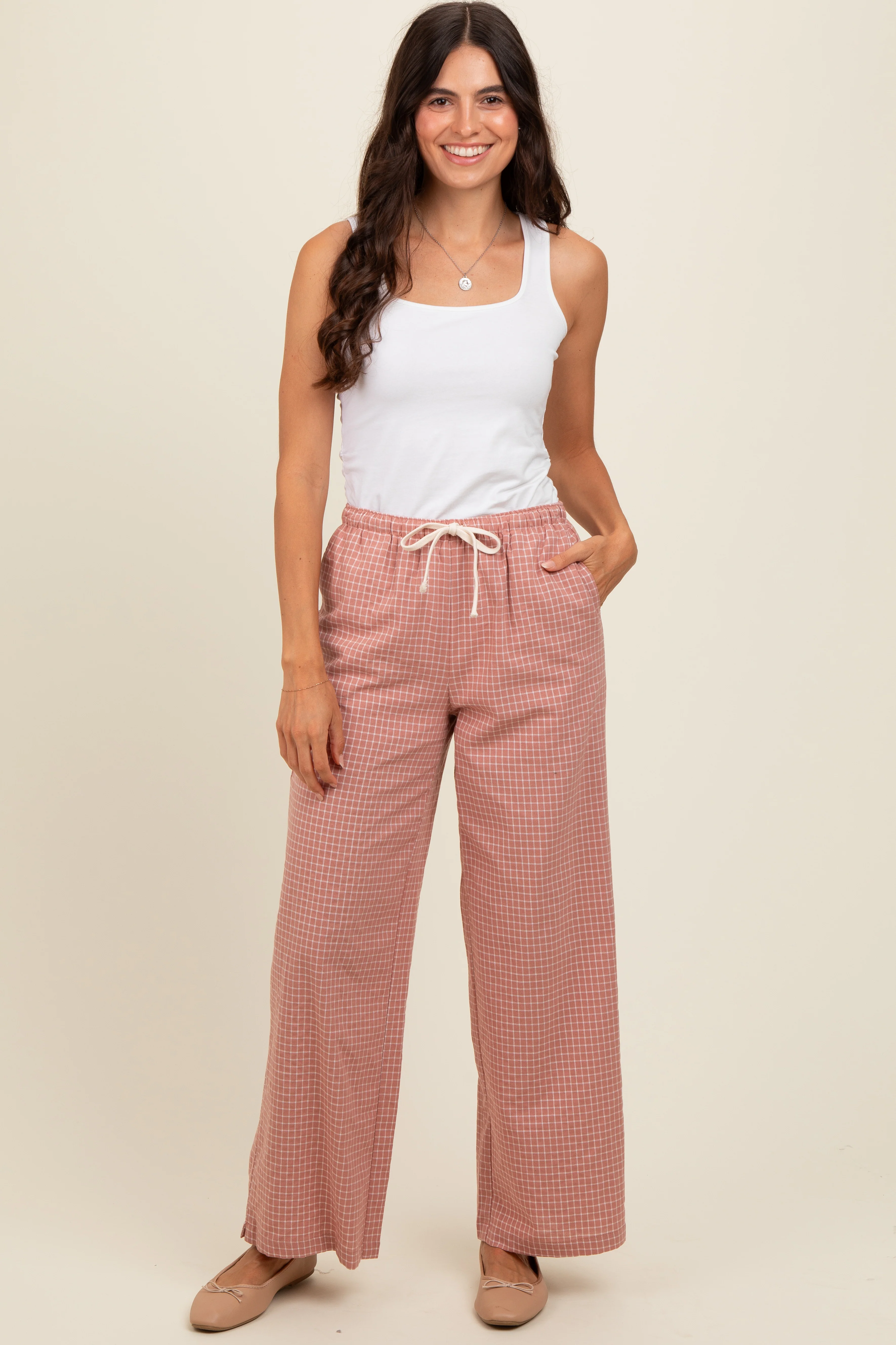 Pink Drawstring Checker Plaid Pants - Image 6