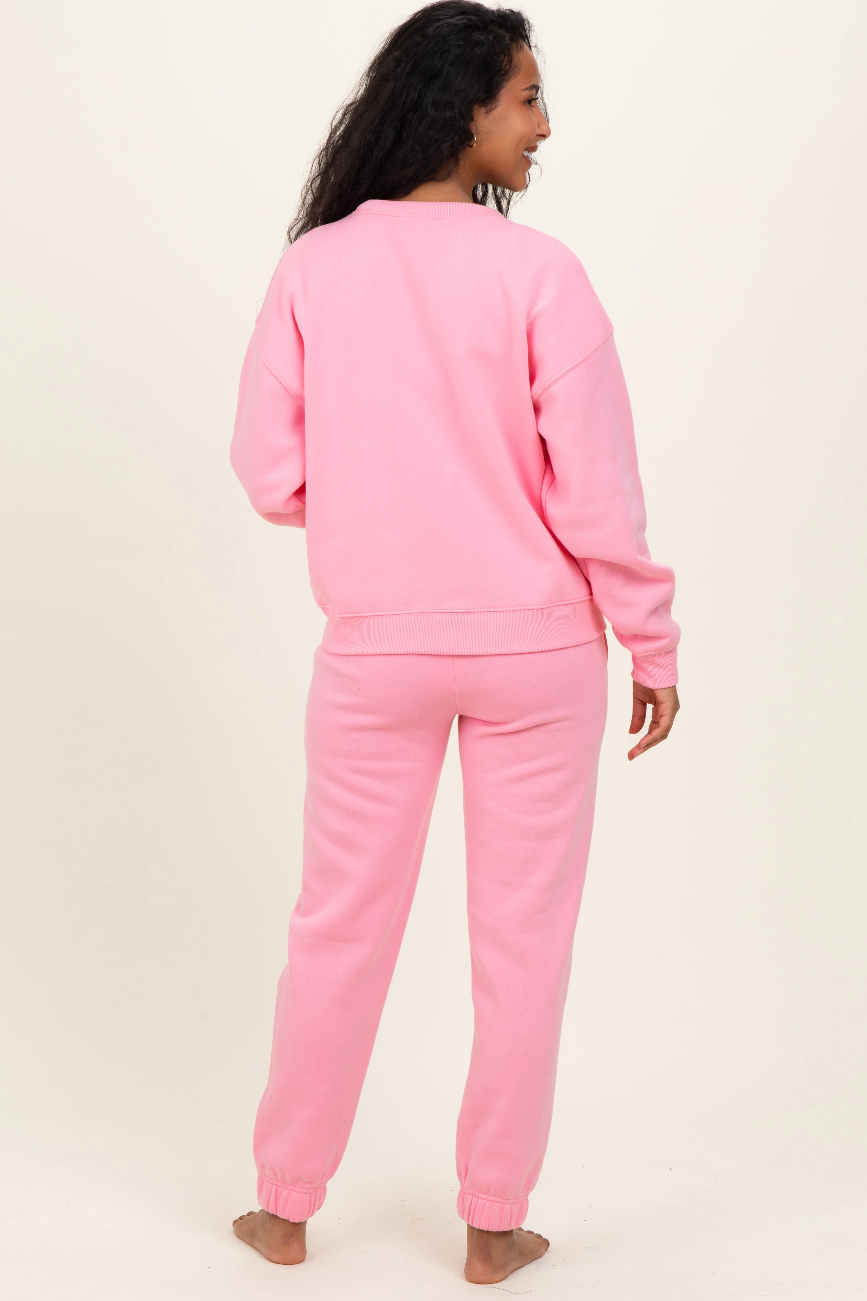 Pink Fleece Long Sleeve Maternity Pullover & Jogger Set - Image 4