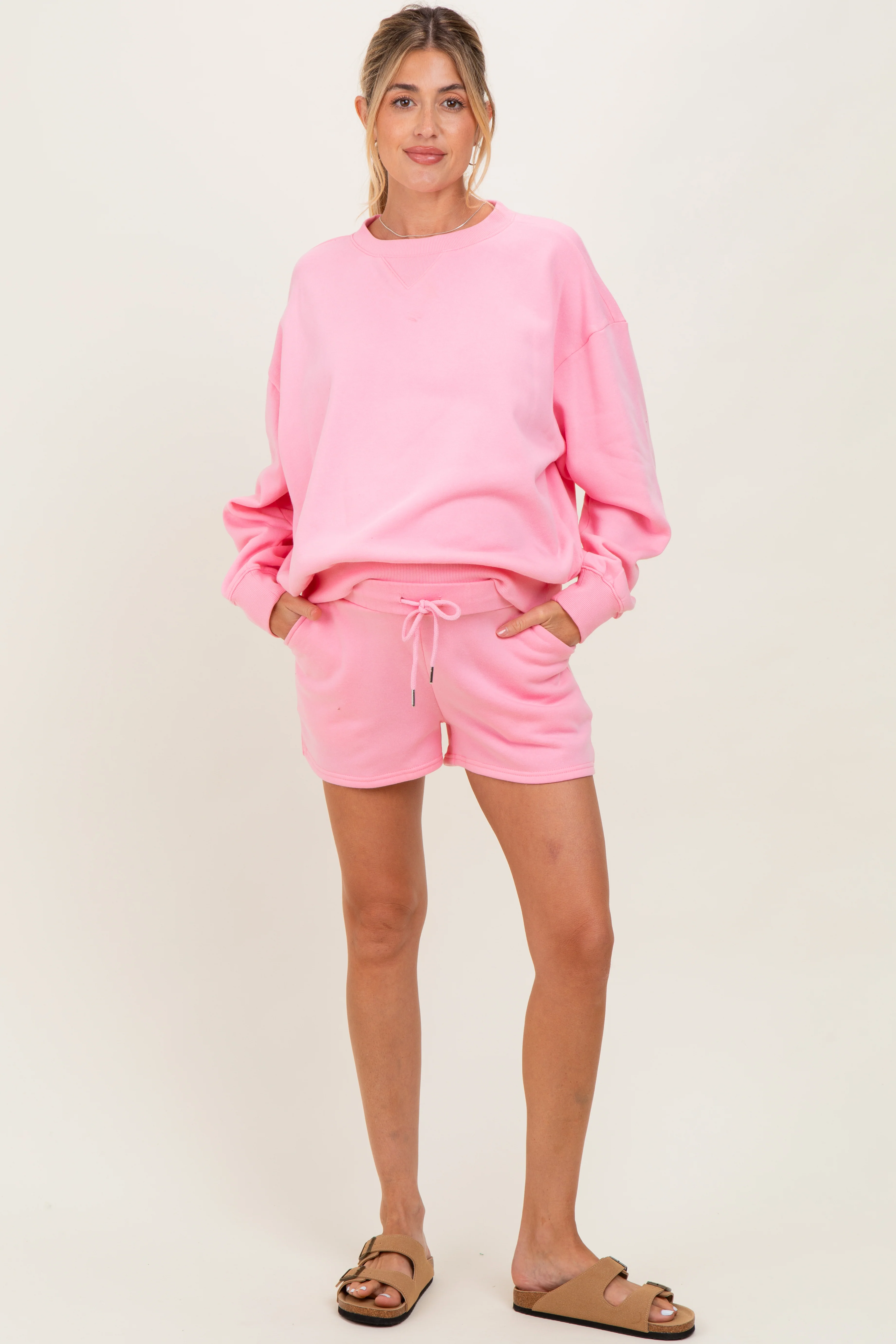 Pink Fleece Sweatshirt Shorts Maternity Set