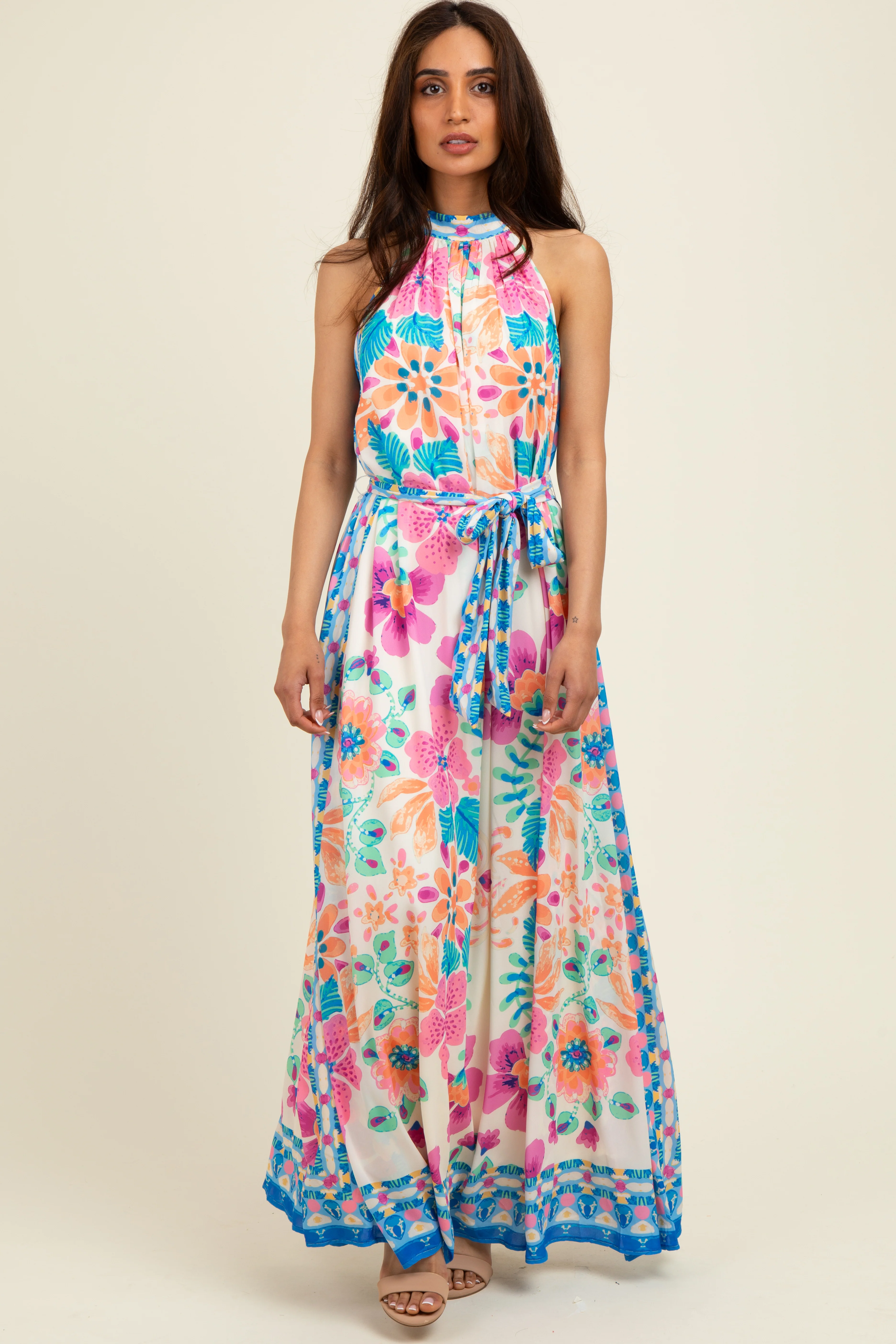 Pink Floral Border Print Halter Maxi Dress - Image 2