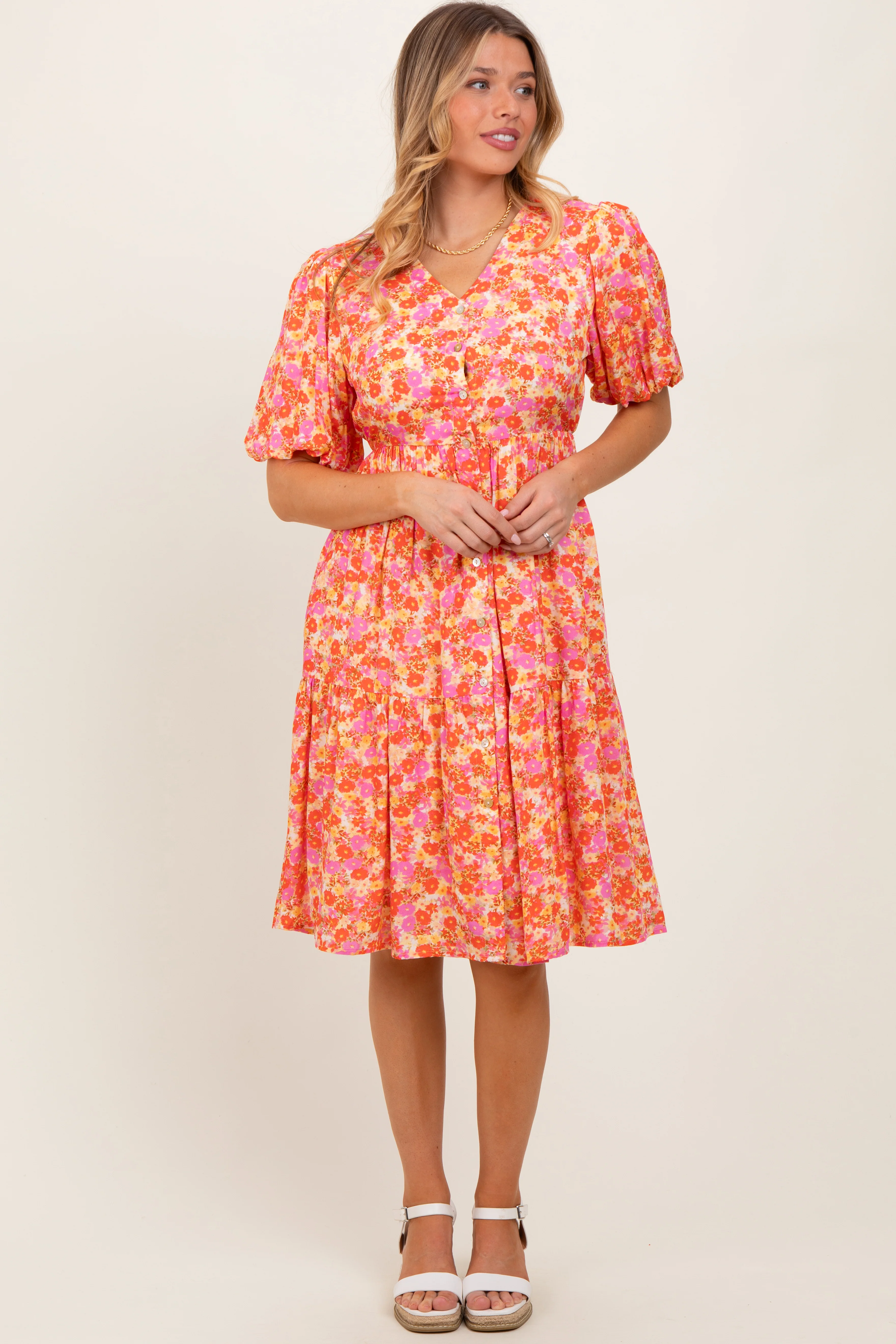 Pink Floral Button Down V-Neck Short Sleeve Maternity Dress - Image 3