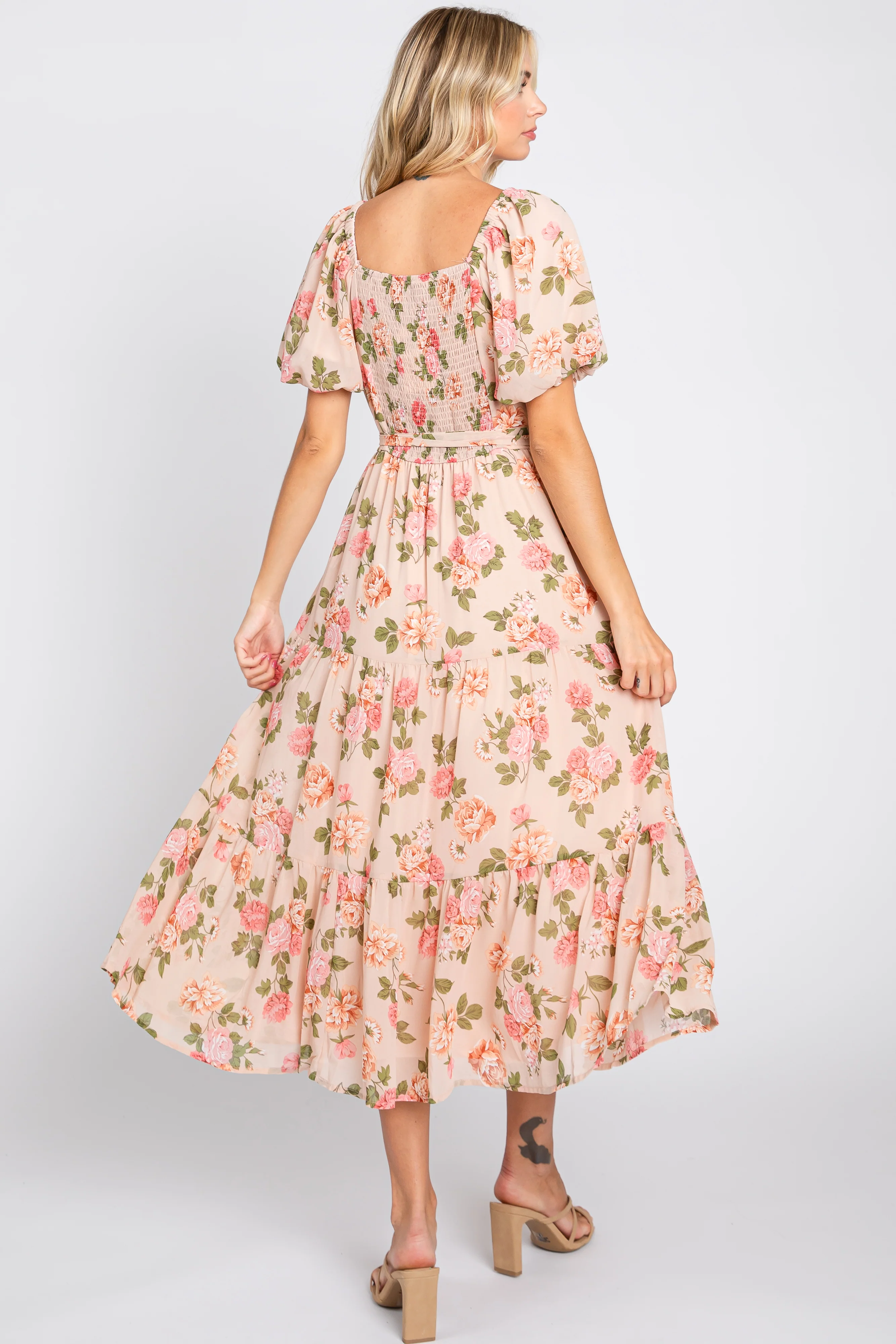 Pink Floral Button Puff Sleeve Midi Dress - Image 3