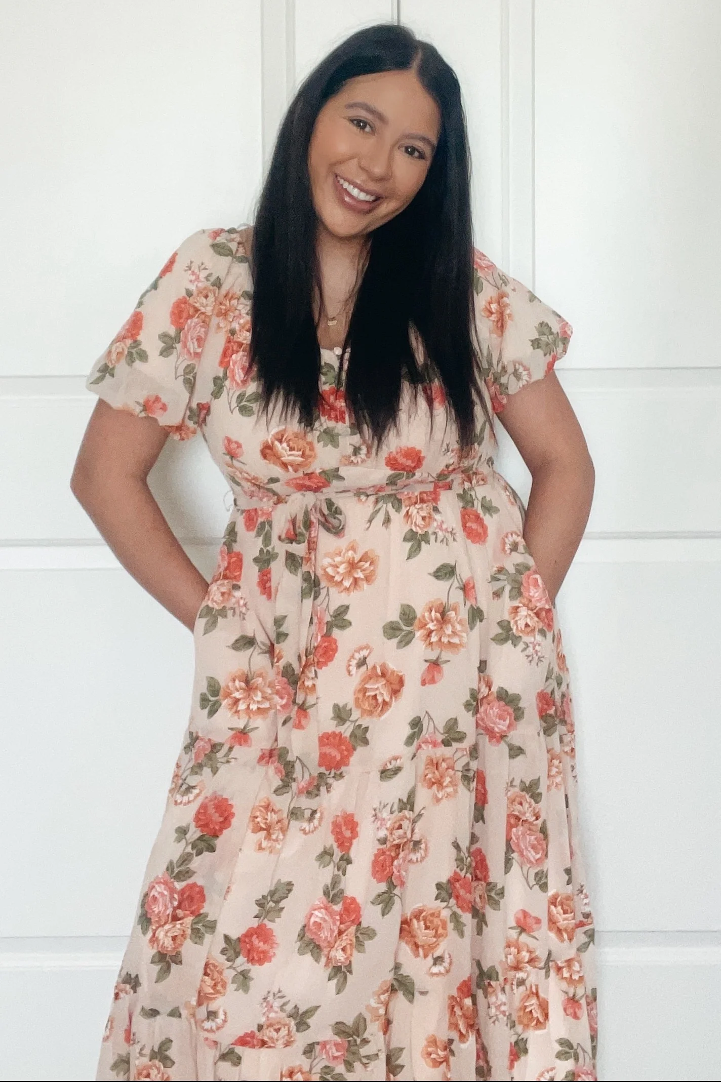 Pink Floral Button Puff Sleeve Midi Dress - Image 5